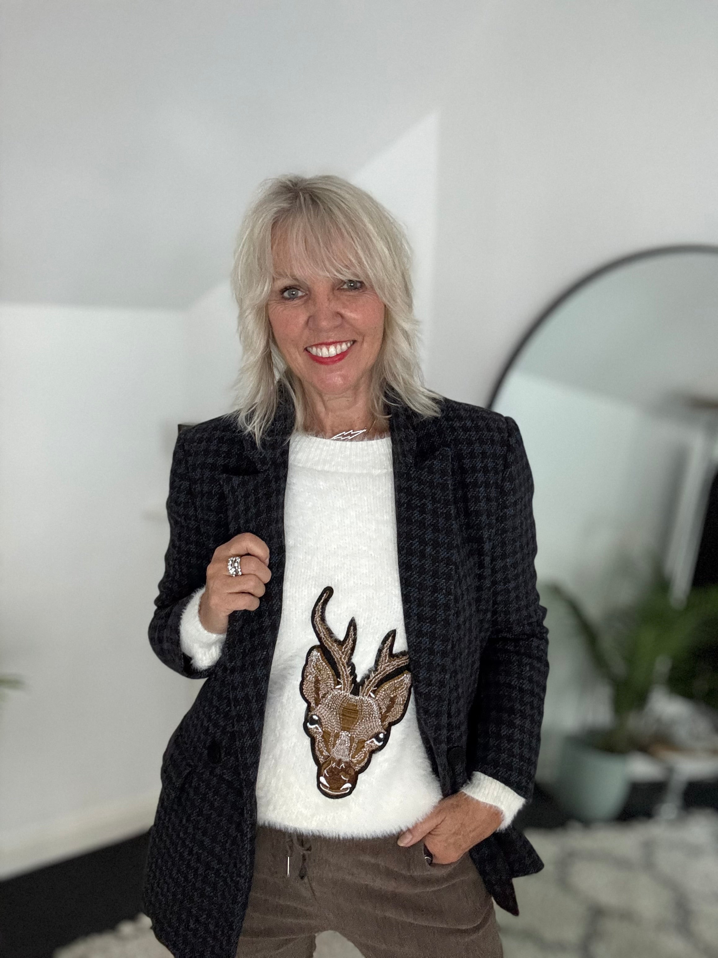 Oh Deer Fluffy Jumper in Winter White