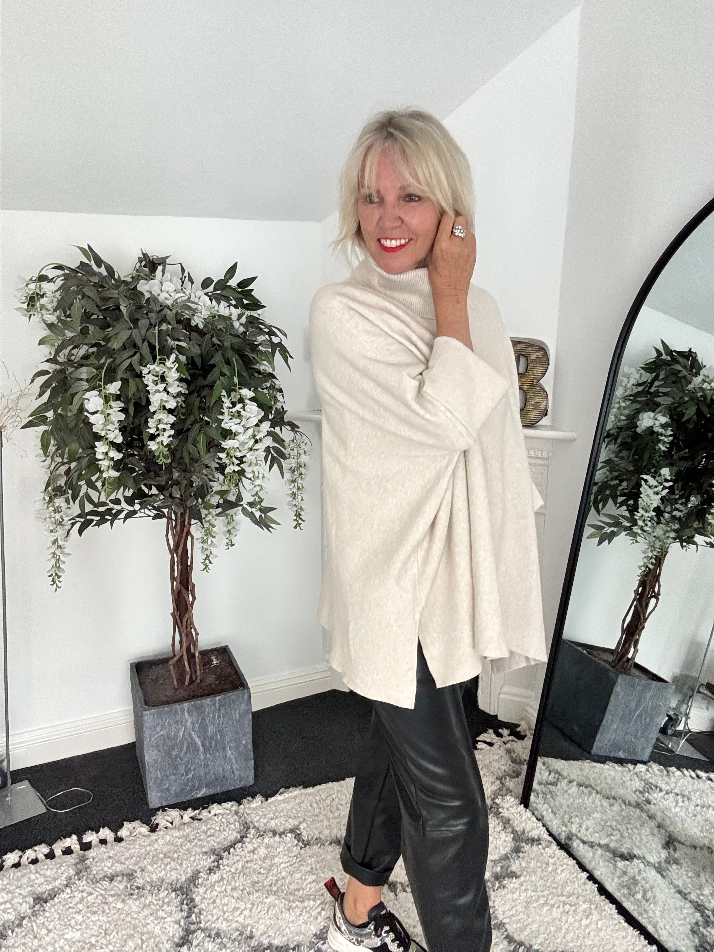 Oversized Roll Neck Poncho Jumper in Ecru