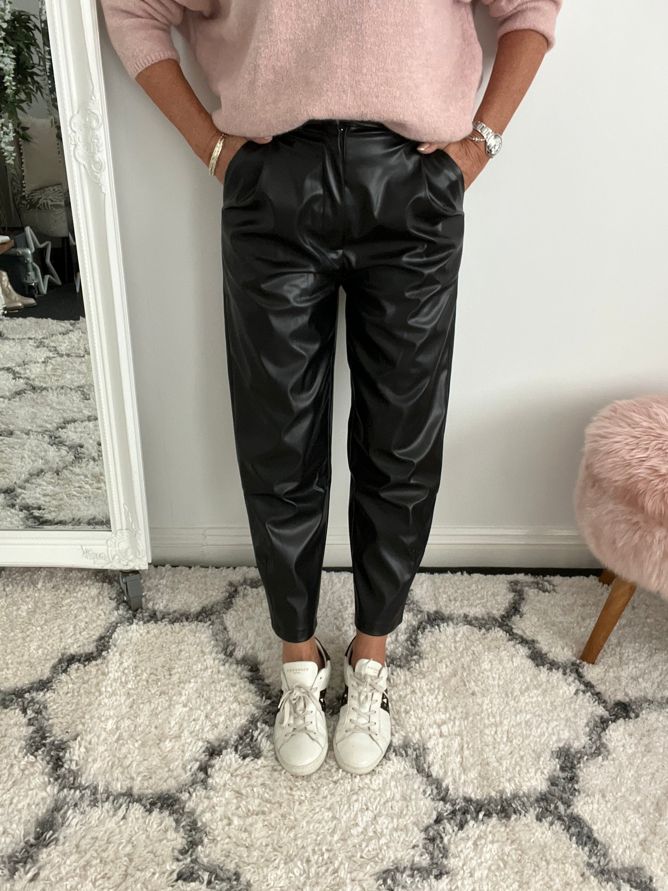 Vegan Leather Boyfriend Trousers in Black