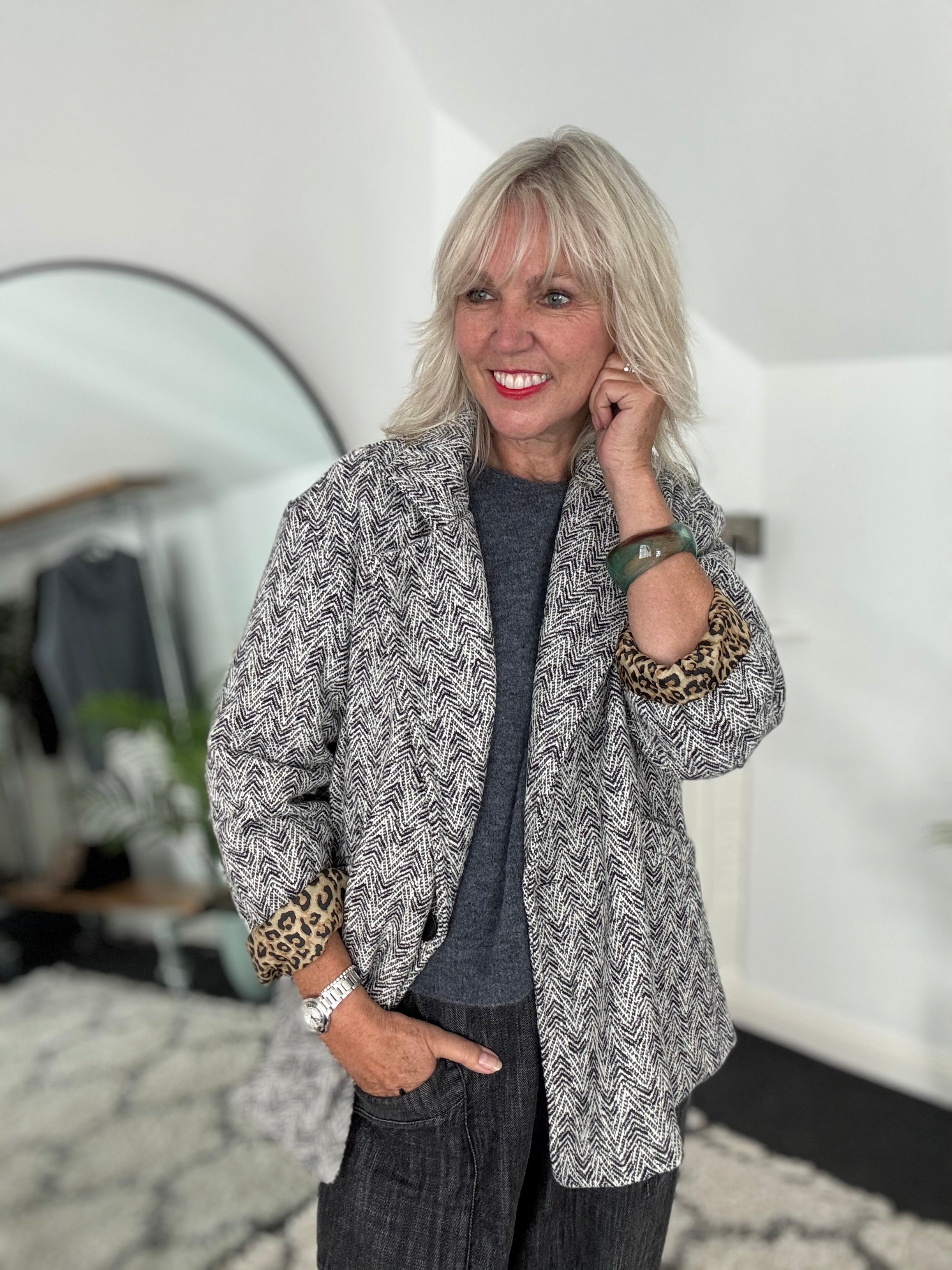 Grey Tweed Boyfriend Jacket with Leopard Lining