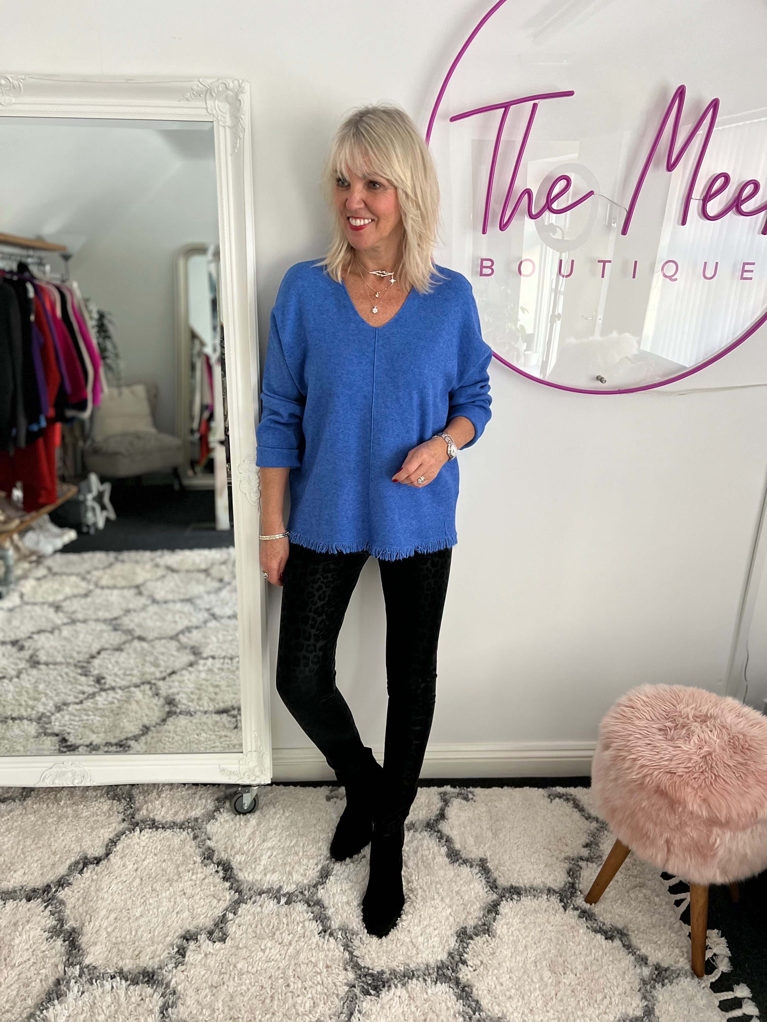 V Neck Fringe Sweater in Cornflower The Meek Boutique