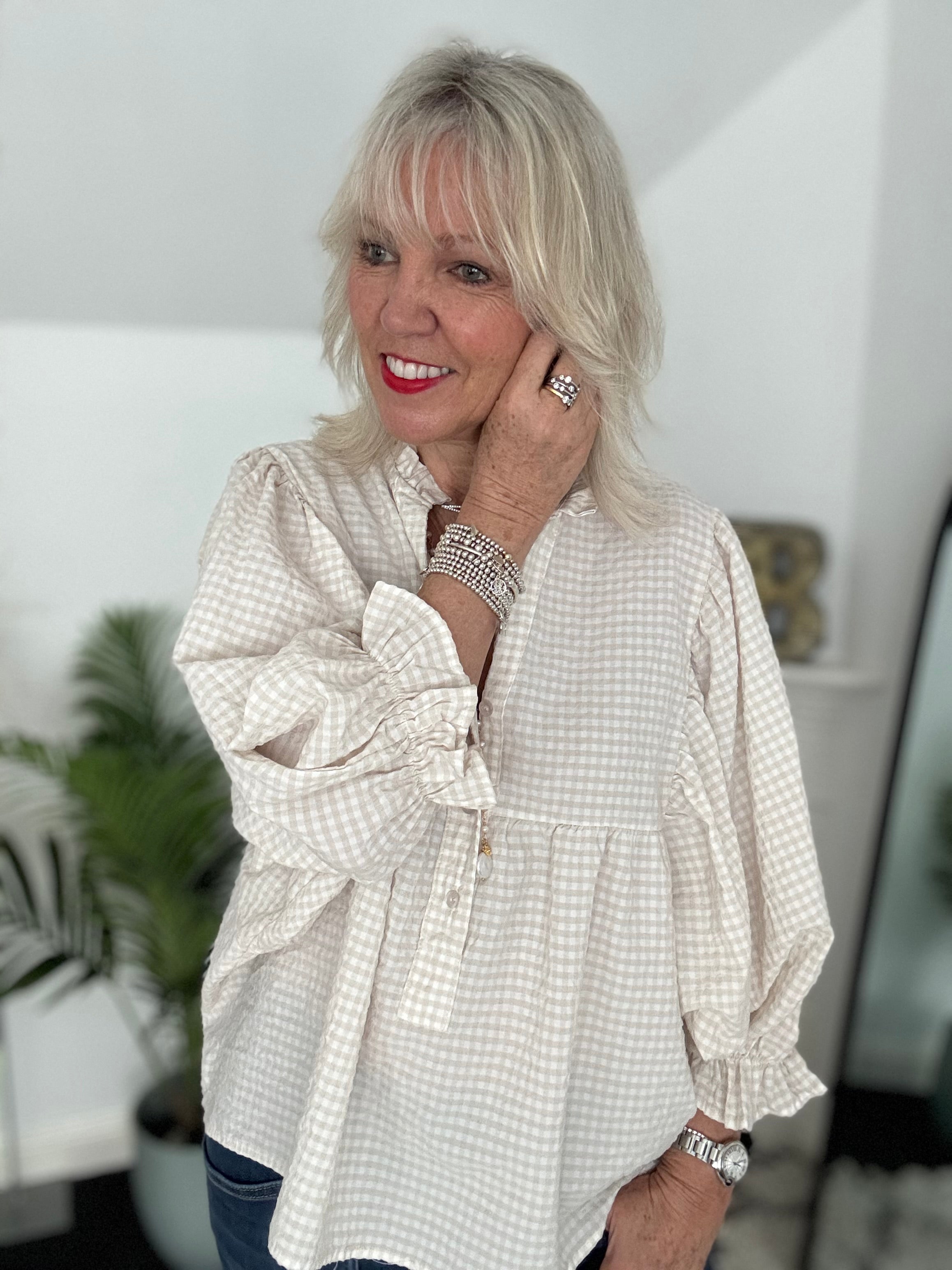 Gingham Seersucker Blouse in Stone