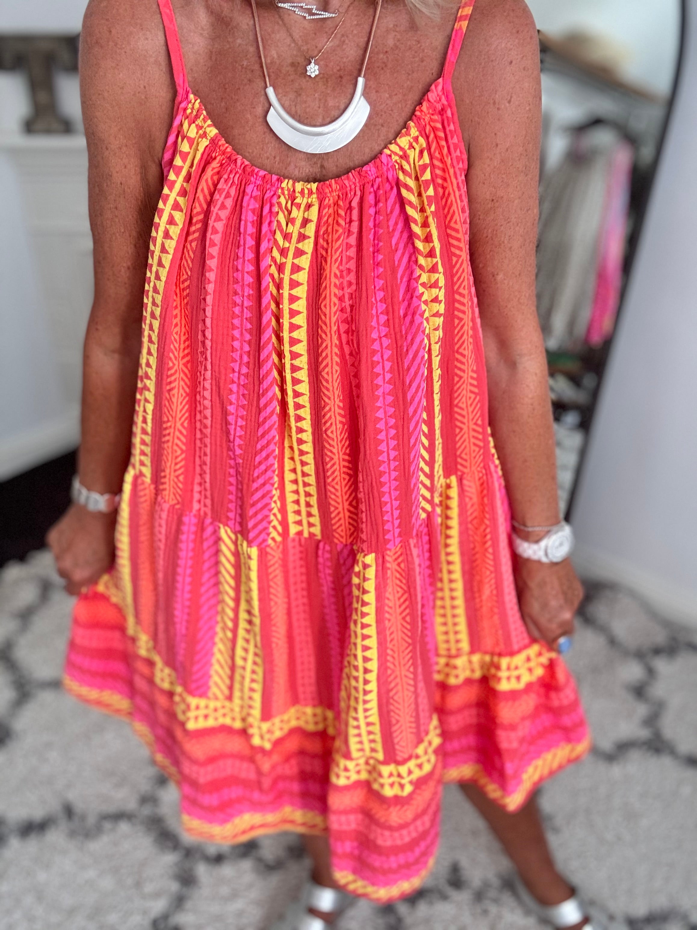 Aztec Cheesecloth Dress in Coral Red