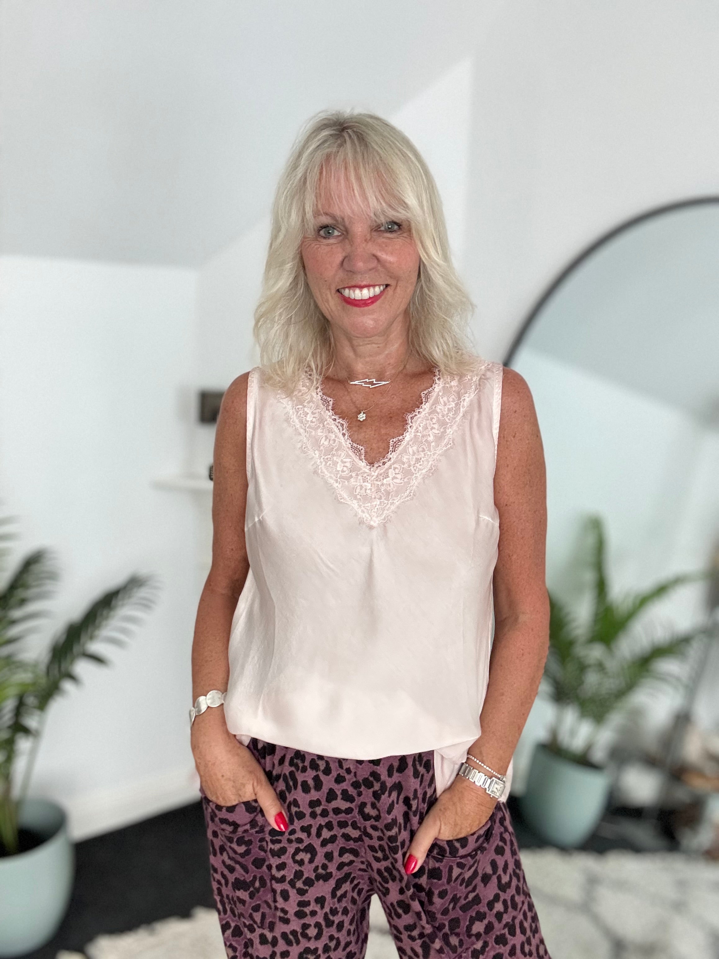 Lace Trim Silk Top in Shell Pink