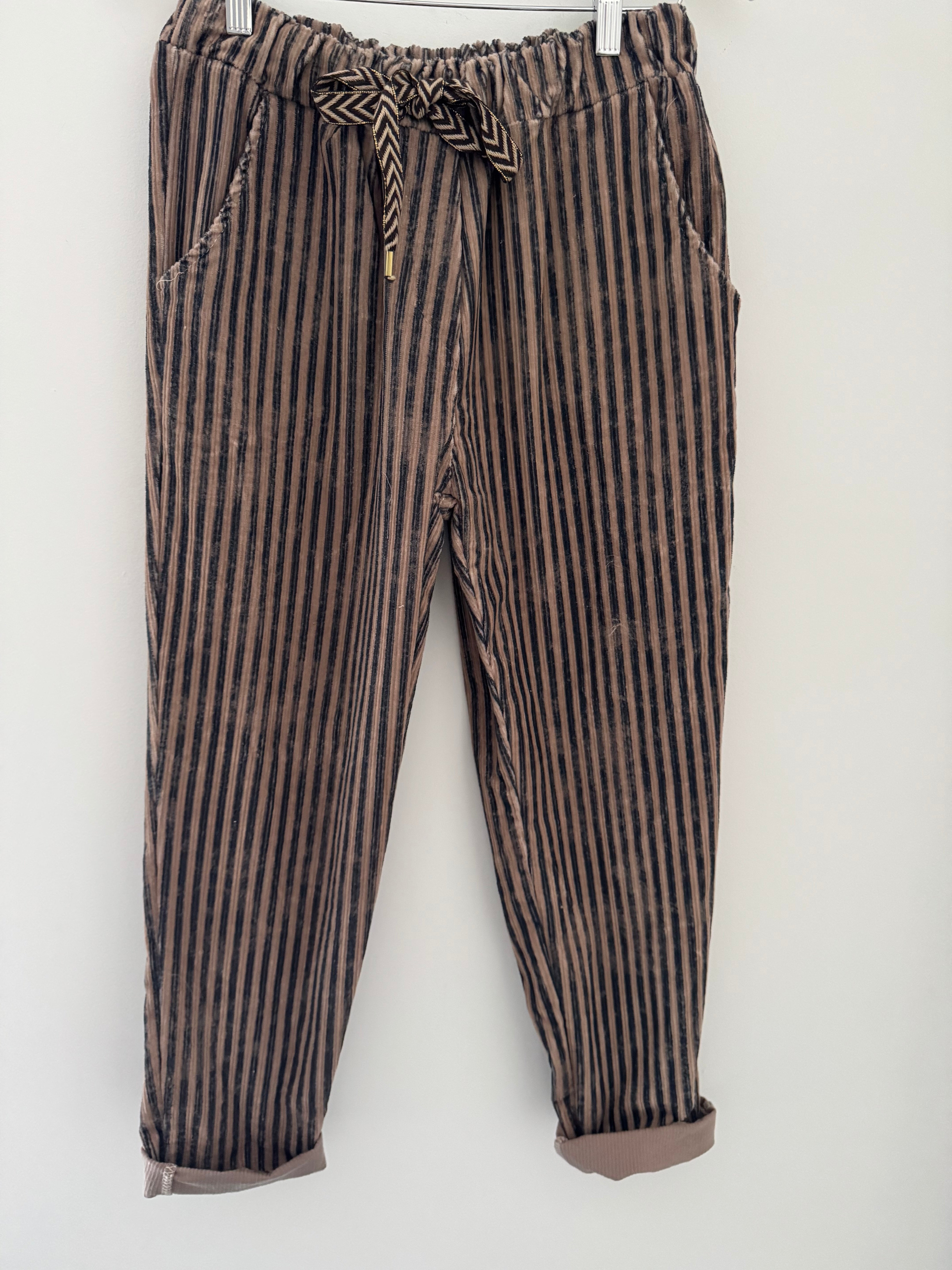 Chenille Cord Joggers in Mocha & Blue Stripe