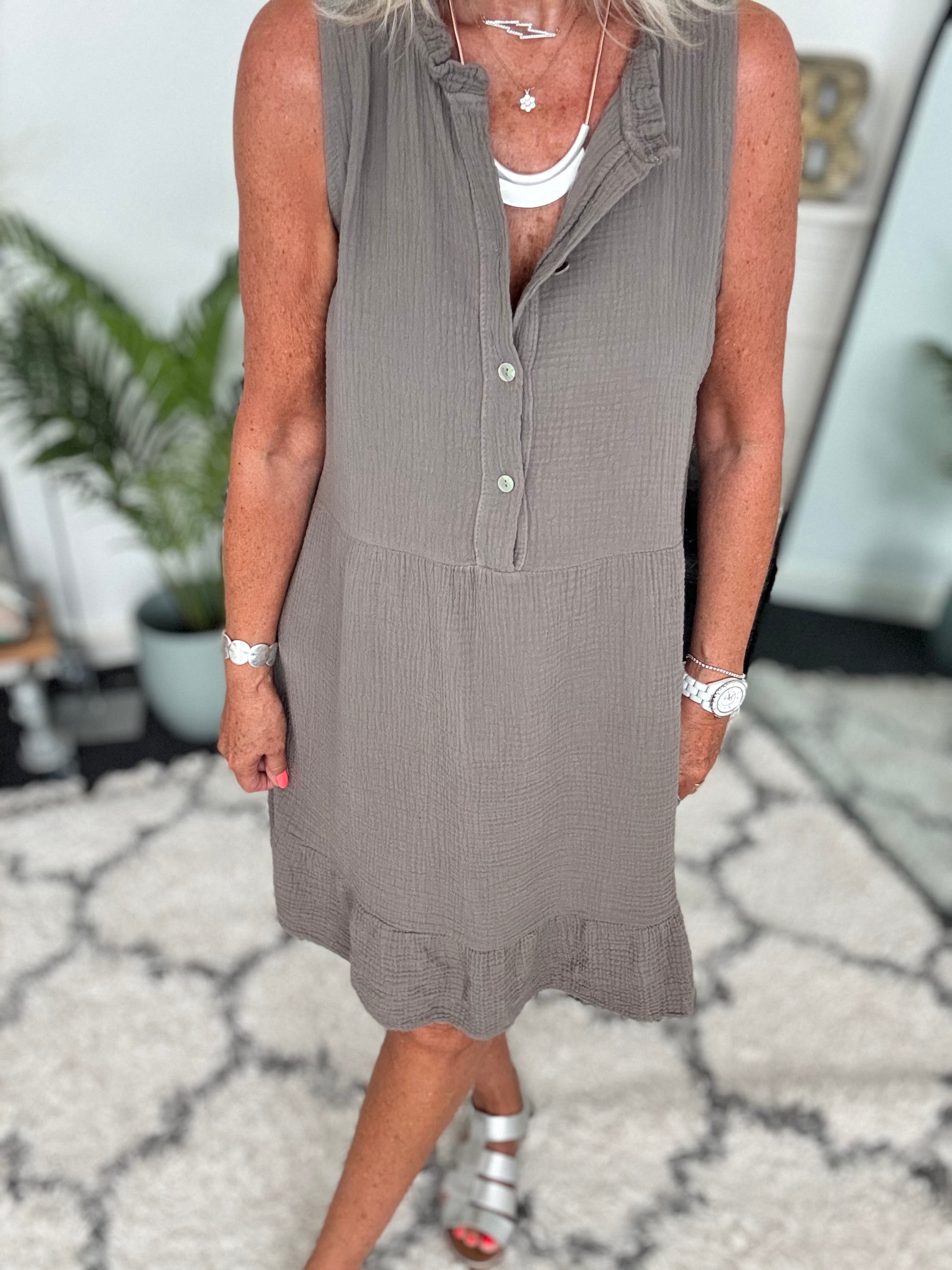 Cheesecloth Dress with Button Front in Mocha