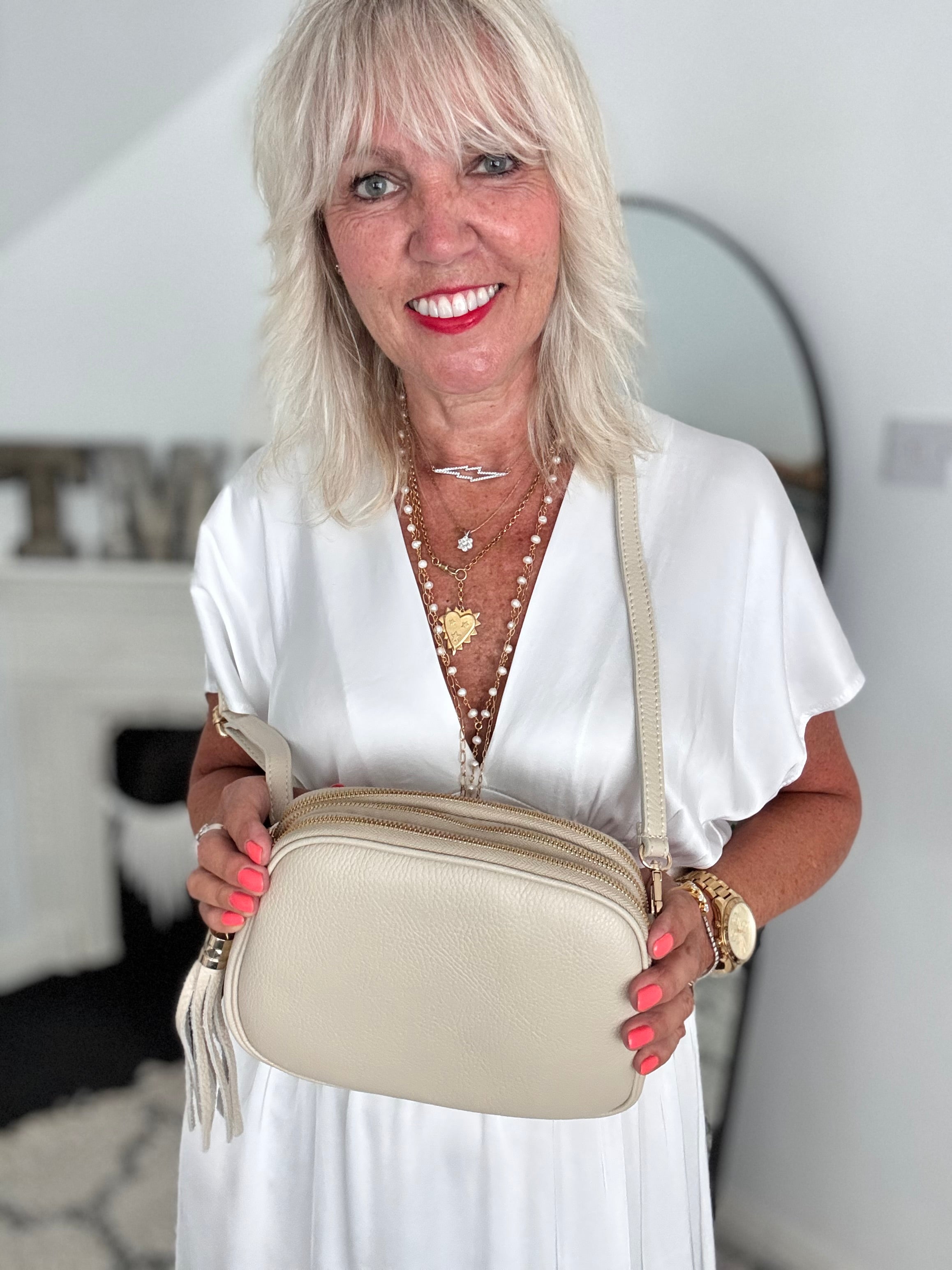 Pebble Leather Crossbody Bag in Ecru