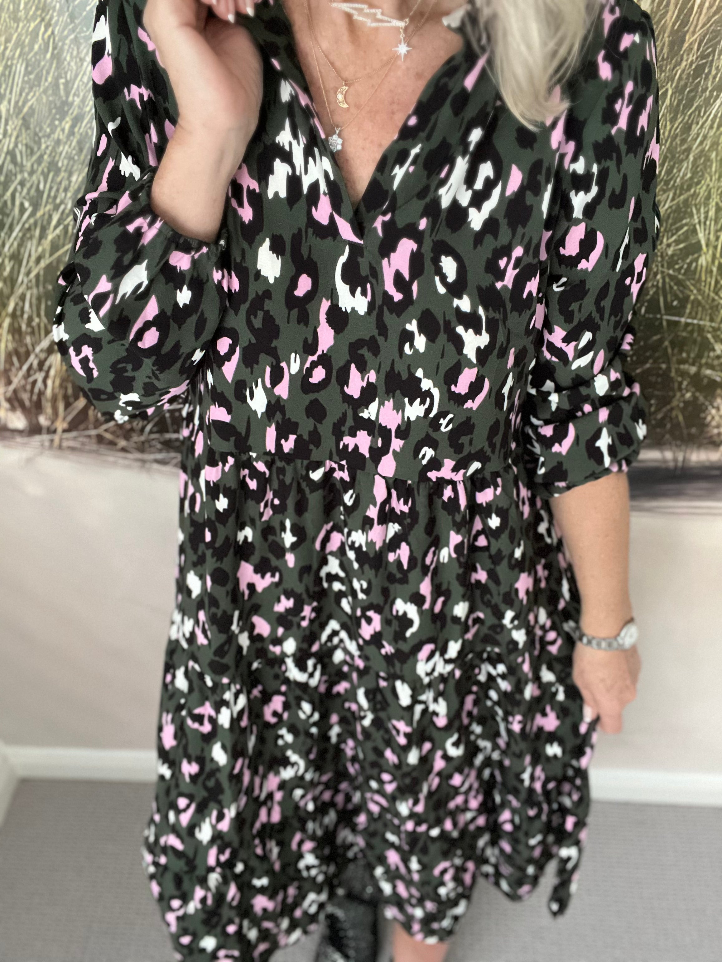 Tiered V Neck Animal Print Dress in Khaki The Meek Boutique