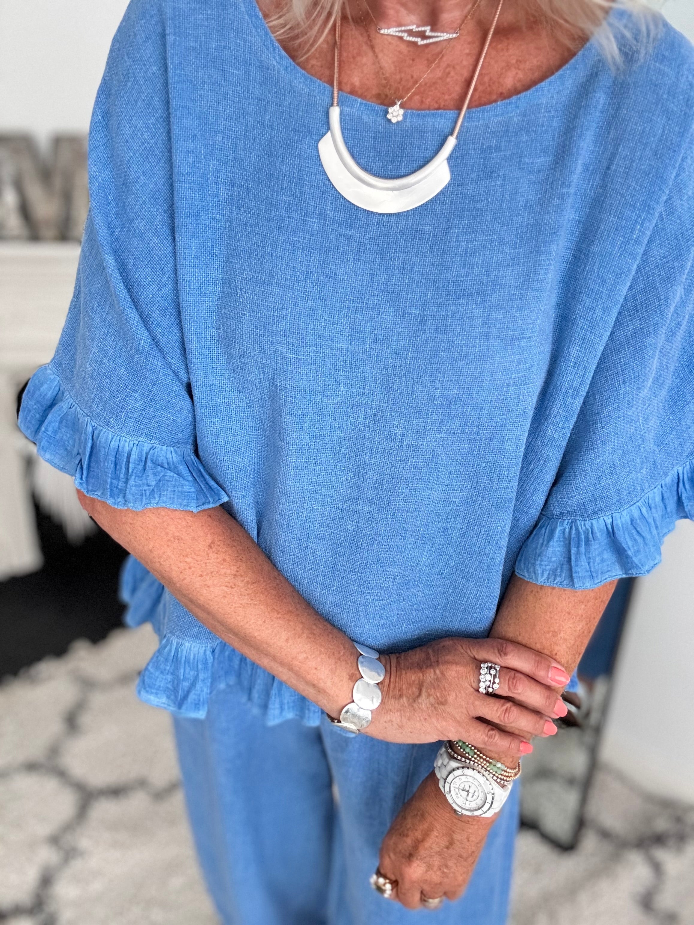 Linen & Cotton Ruffle Edge Top in Sky Blue