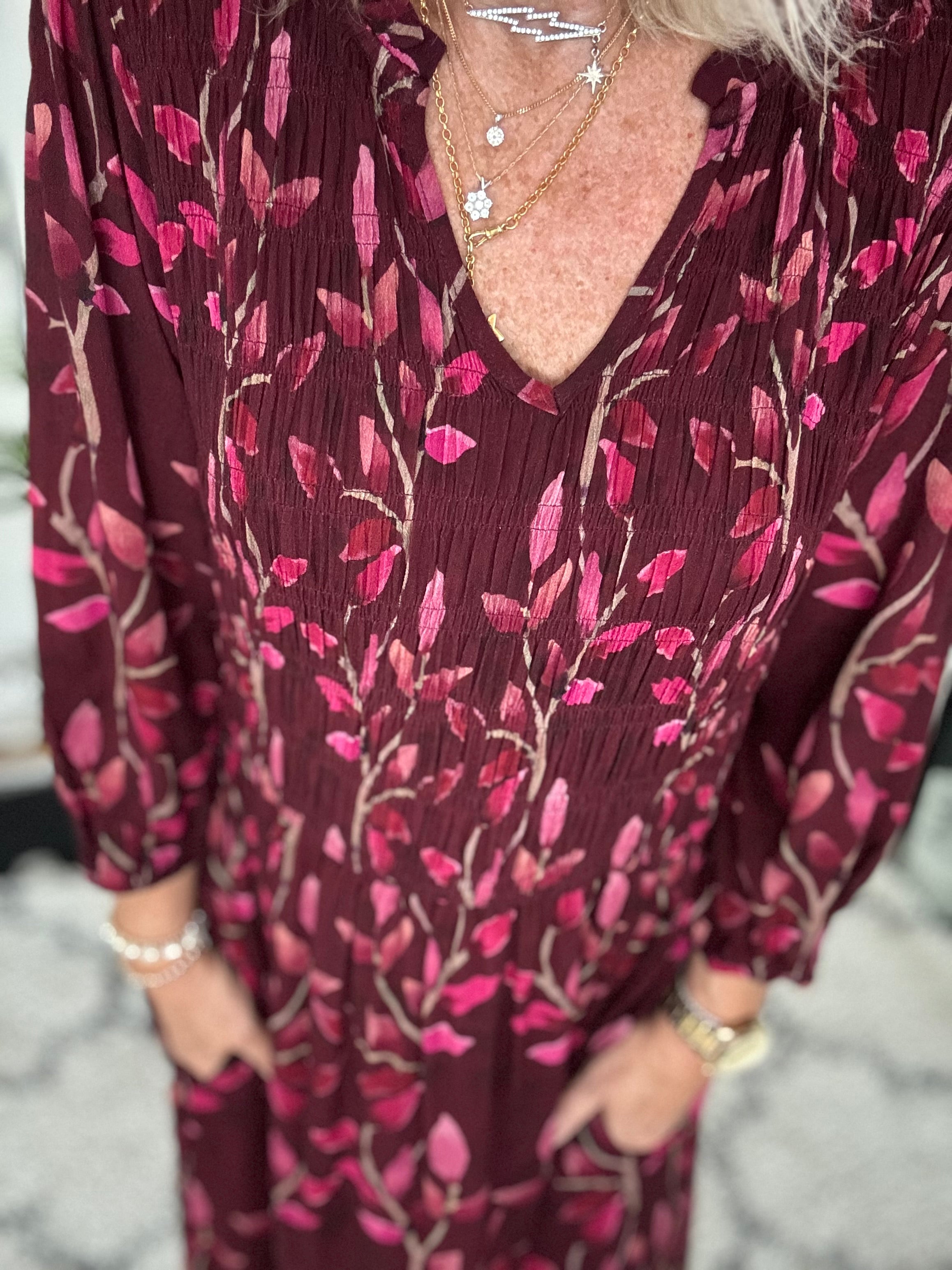 Leaf Print Dress with Shirred Bodice in Wine