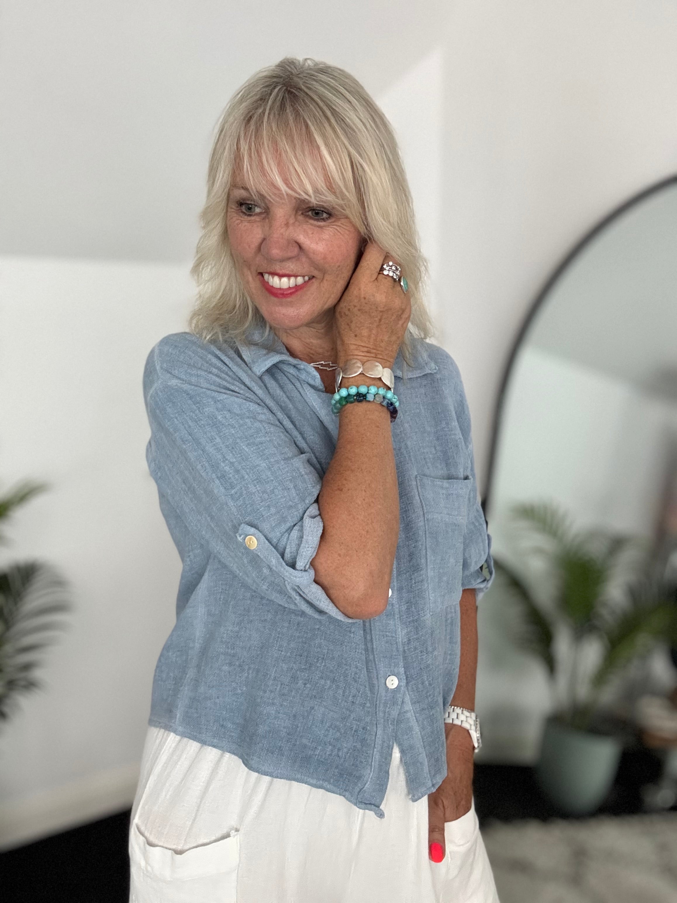 Linen & Cotton Pocket Top in Denim Blue