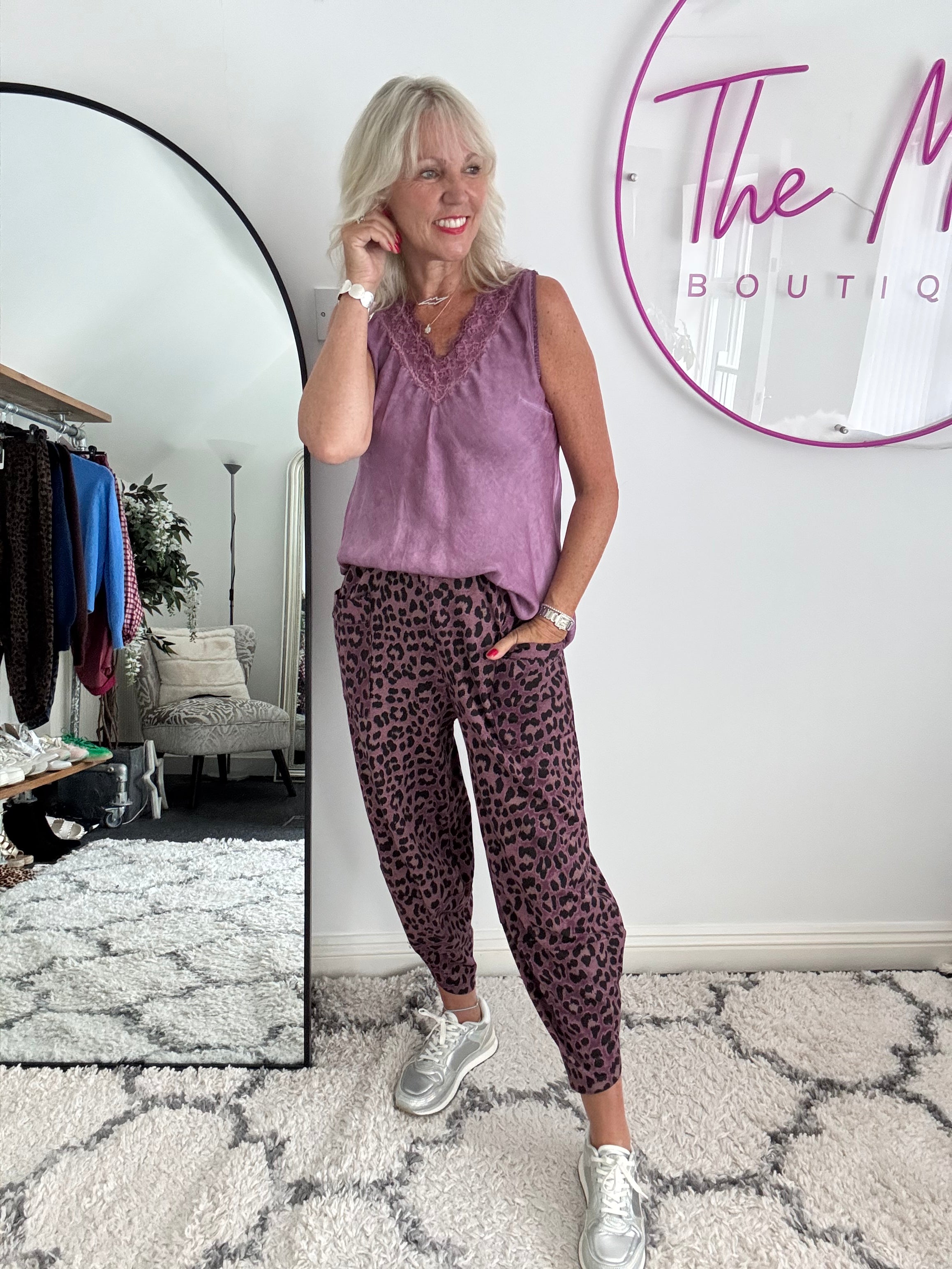 Barrel Stretch Trousers in Plum Leopard