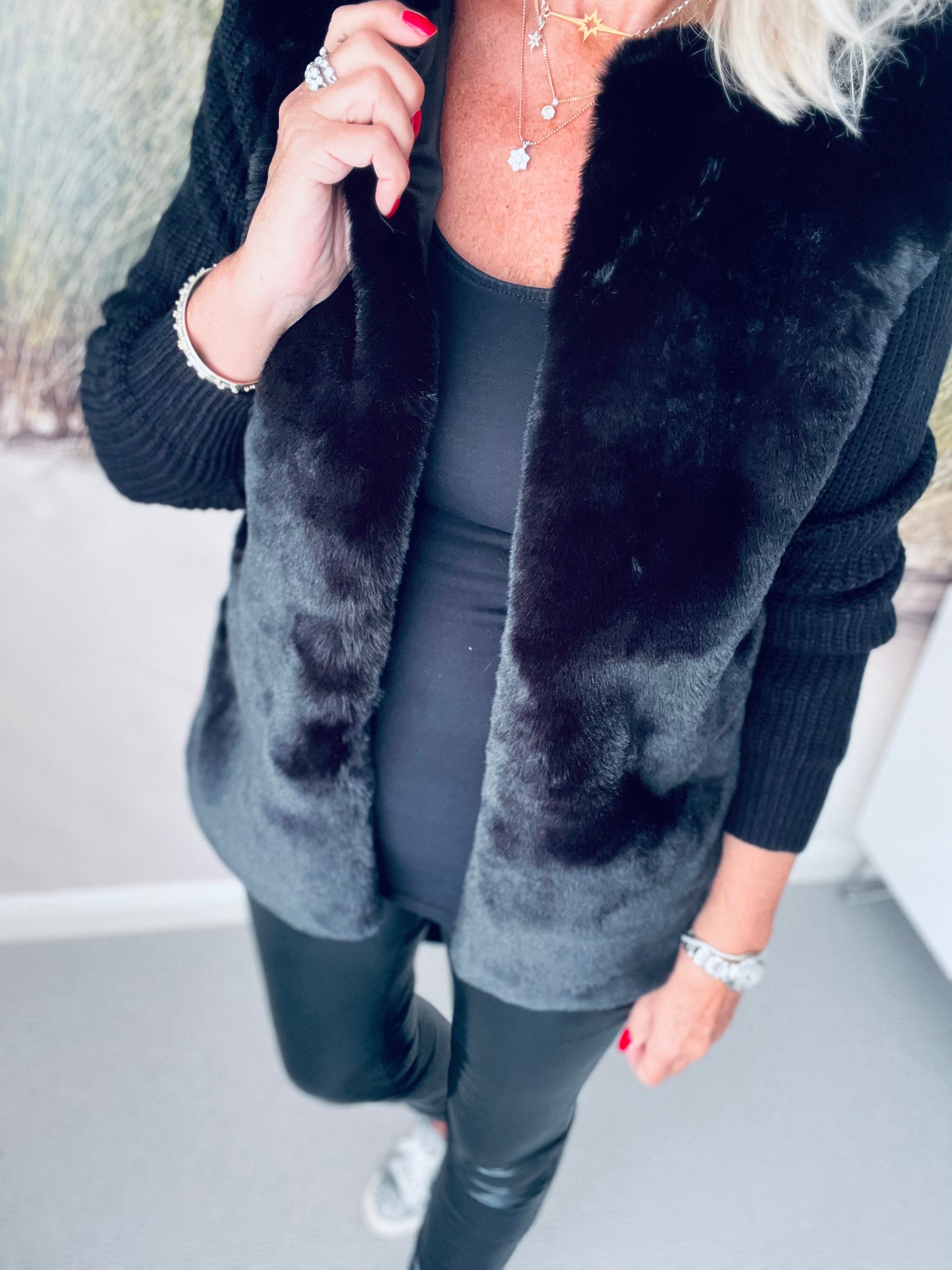 Belted Cardigan with Faux Fur in Black