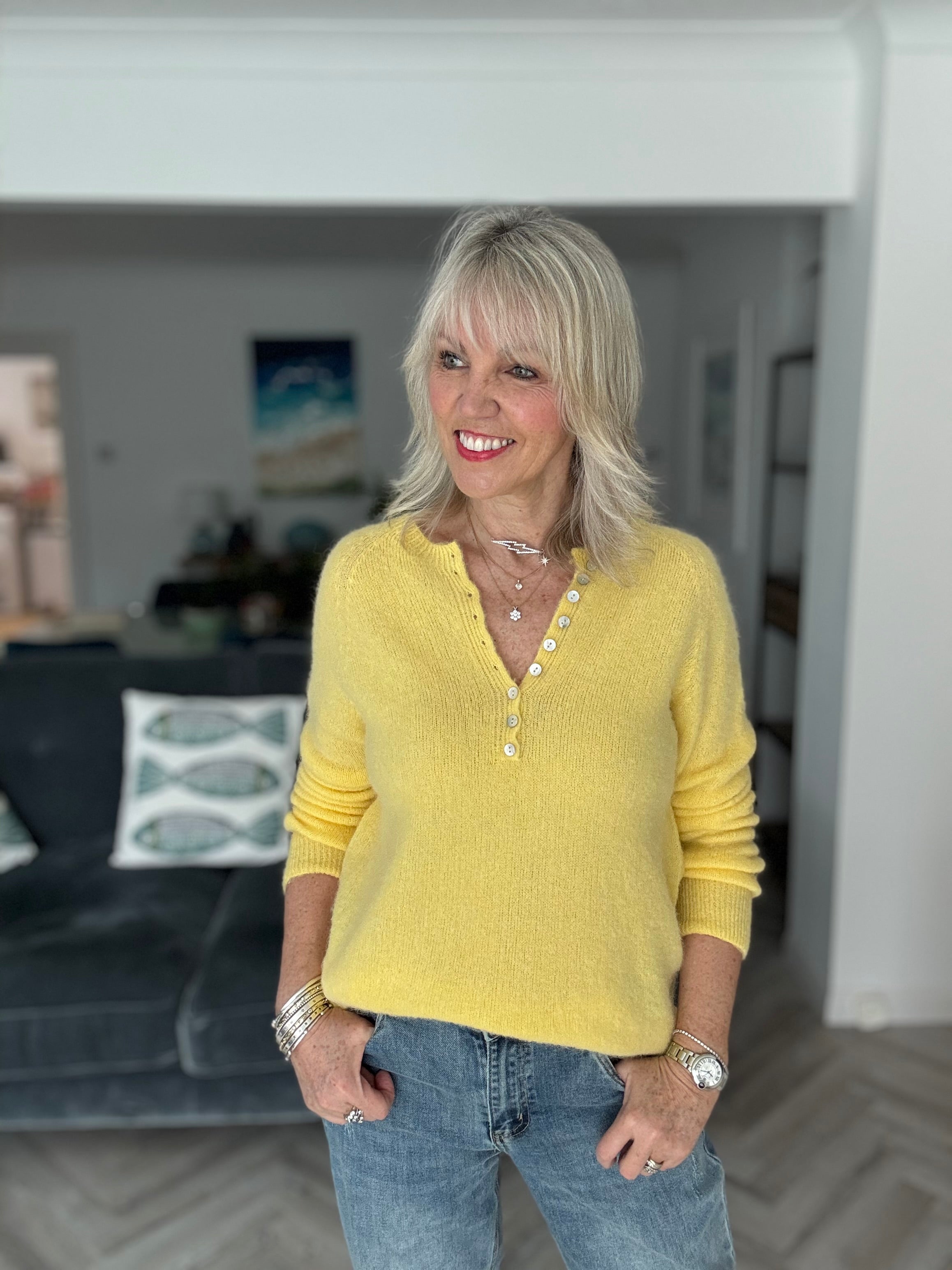 Softie Jumper with Button Neck in Yellow