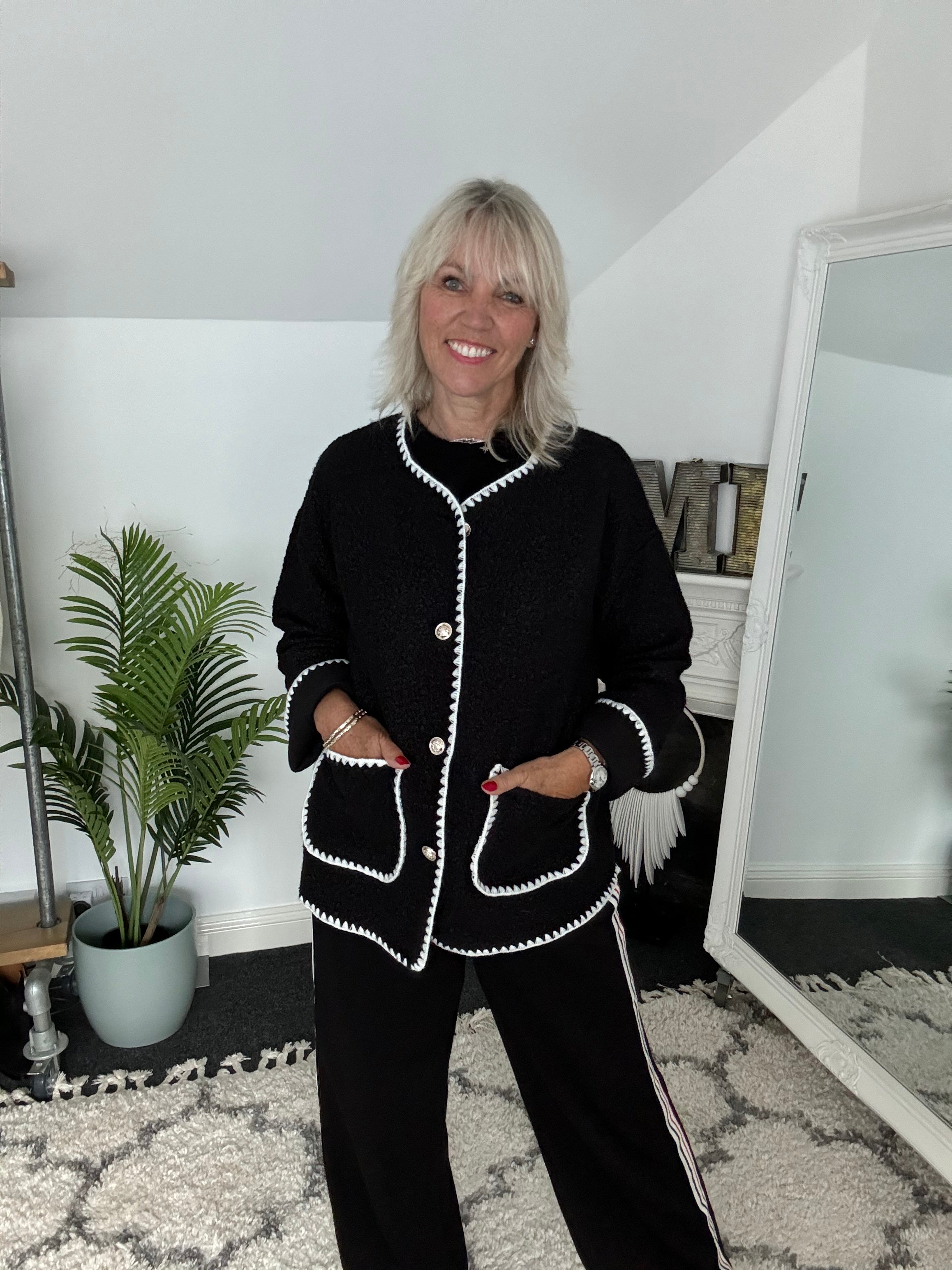 Blanket Stitch Boucle Jacket in Black