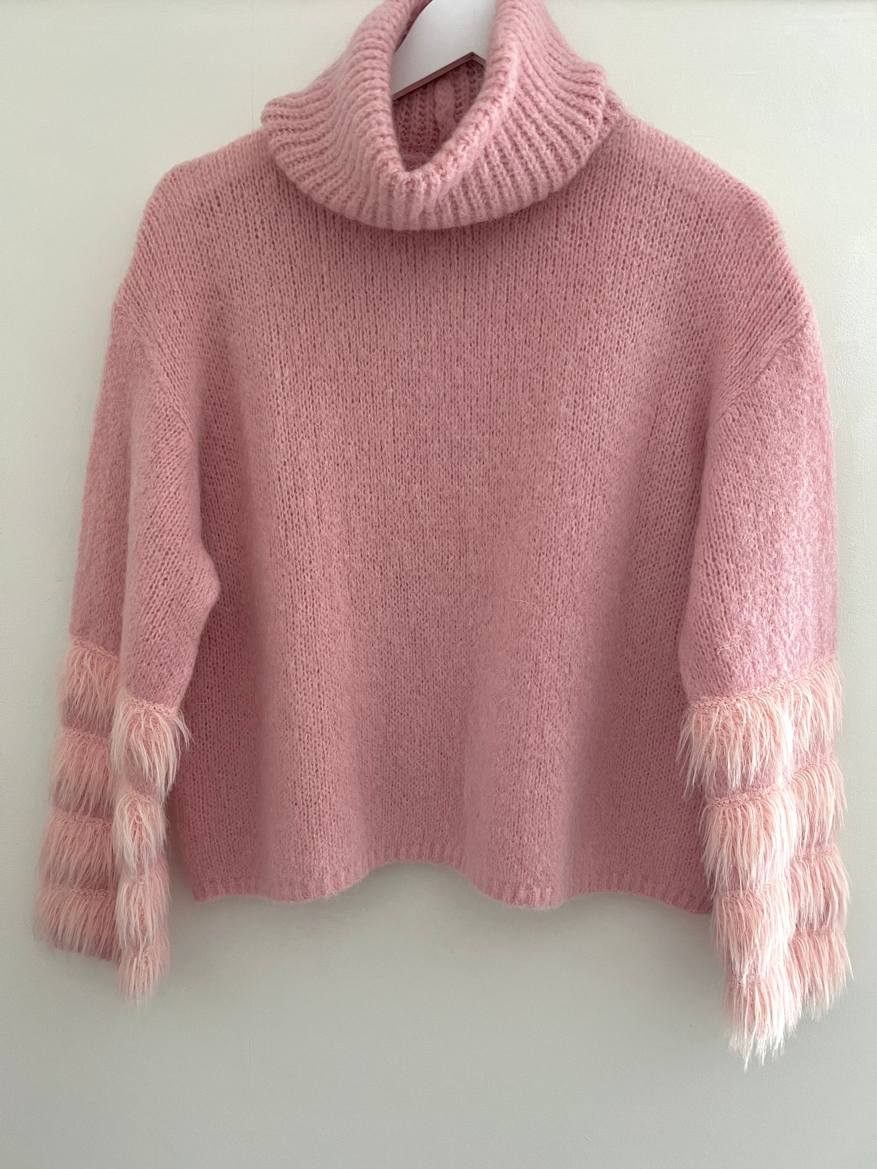 Luxe Fringe Roll Neck Sweater in Pink