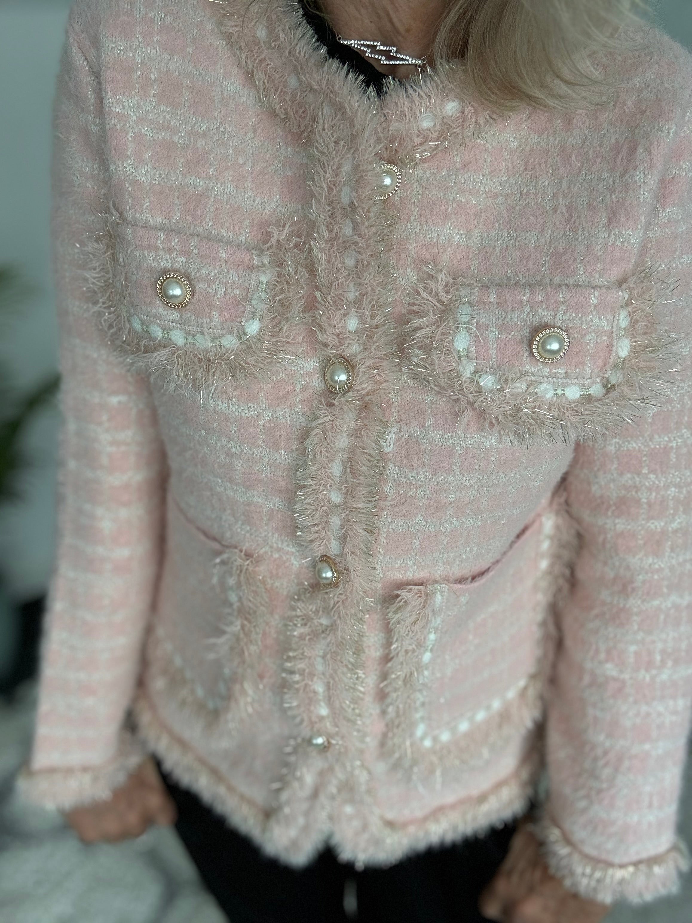 Pearl Button & Tweed Cardi Jacket in Pink