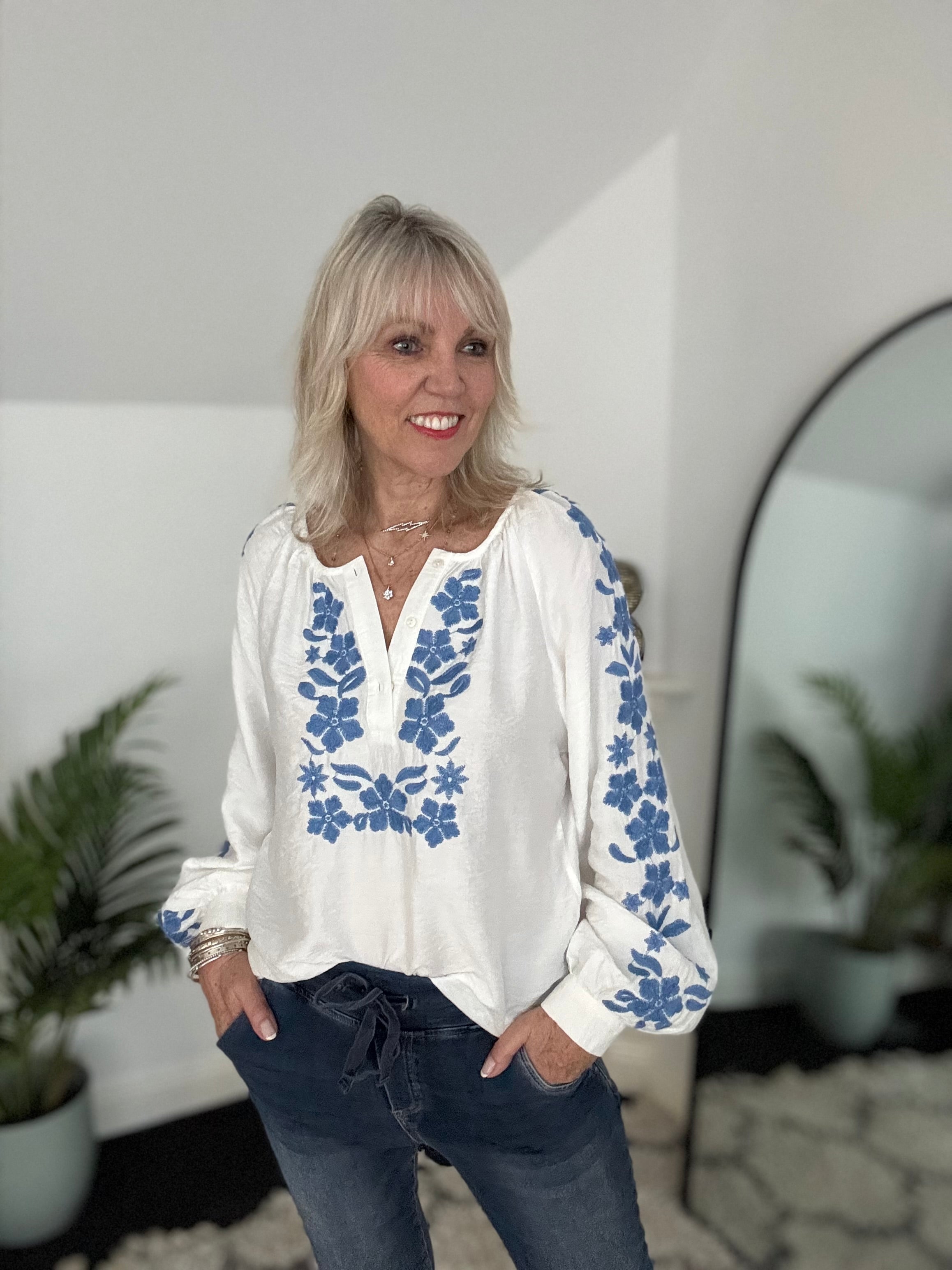 Embroidered Blouse in White & Blue