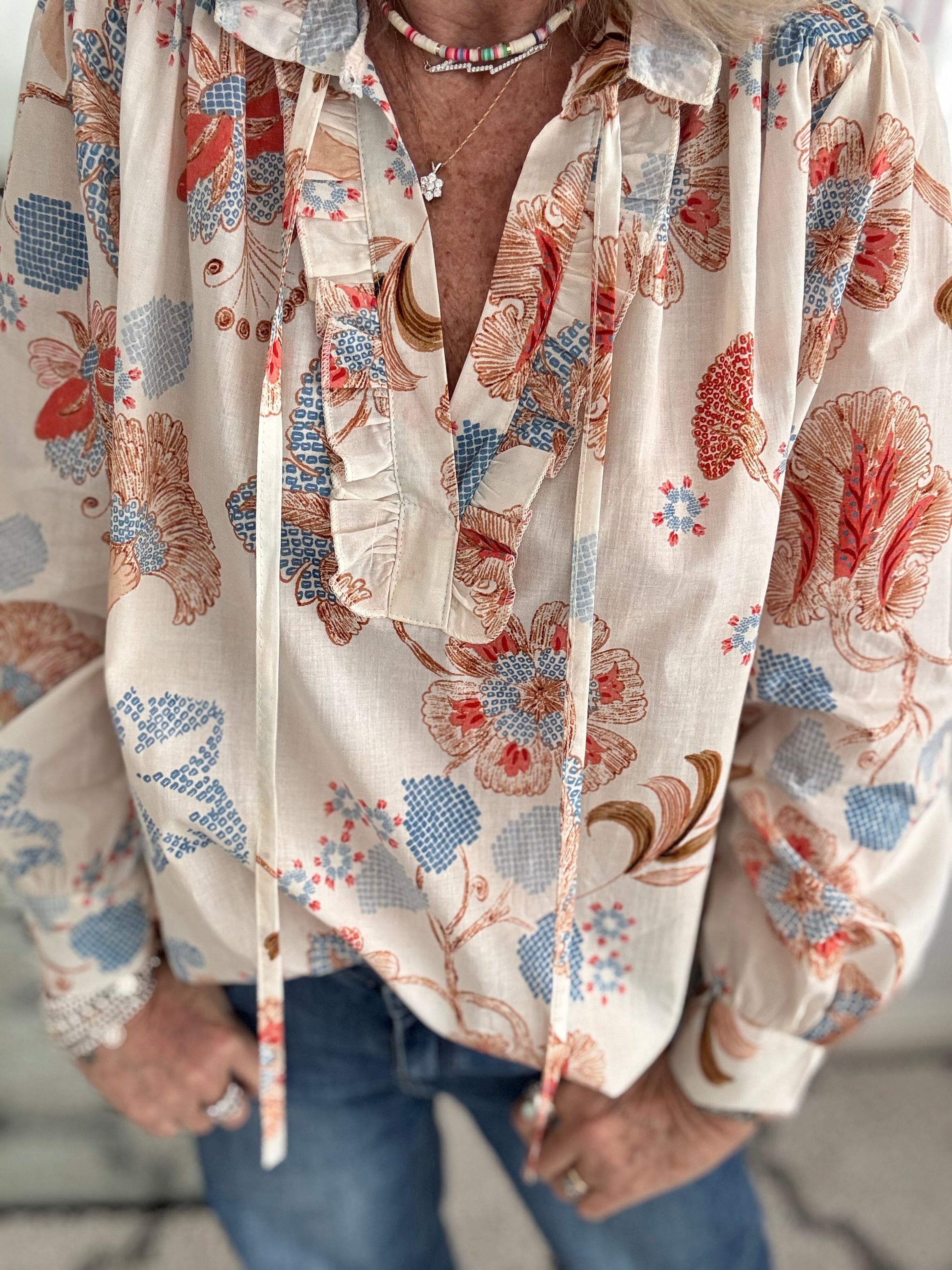 Floral Blouse in Coral & Blue