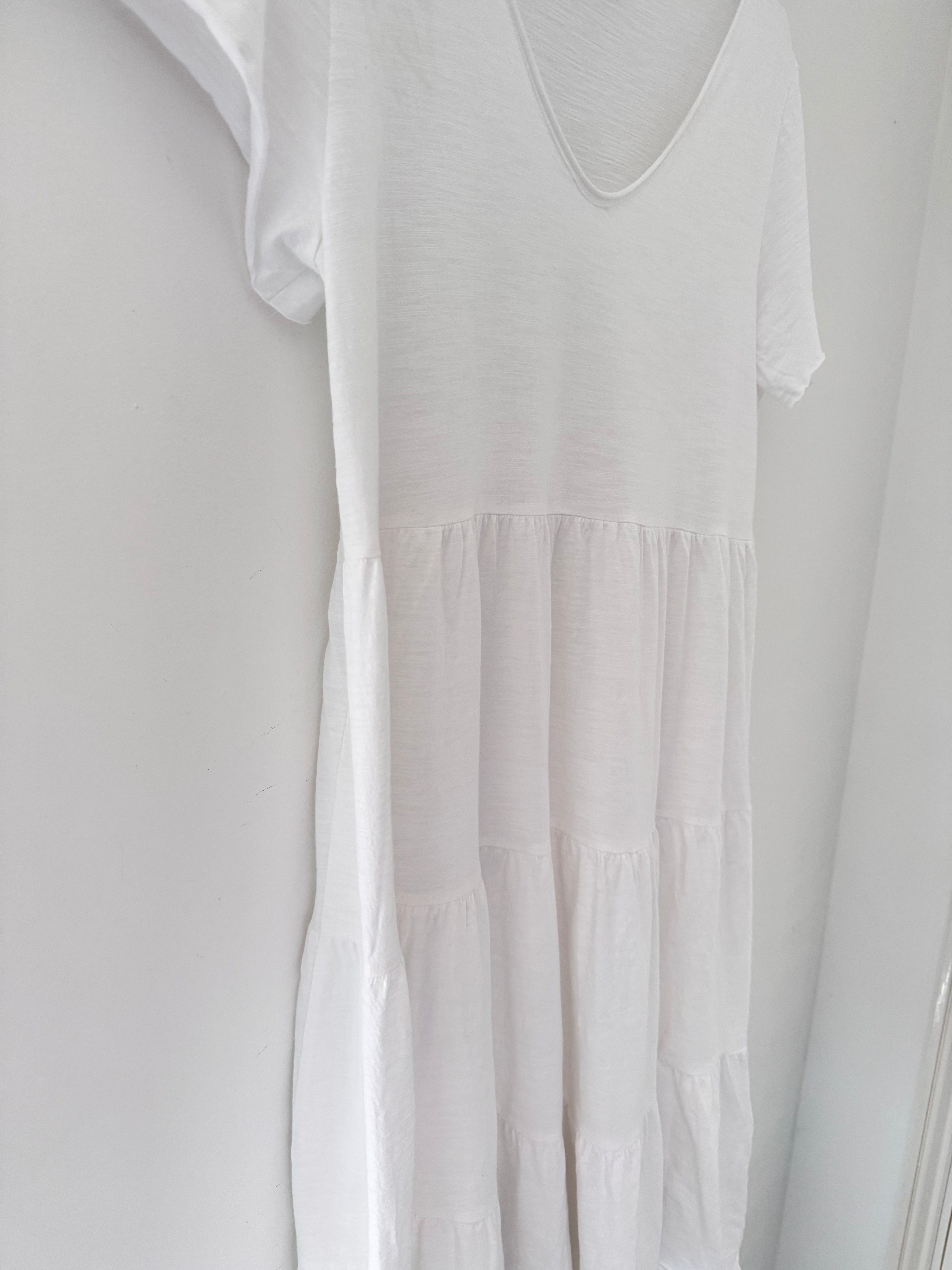 Tiered Cotton Stretch Dress in White