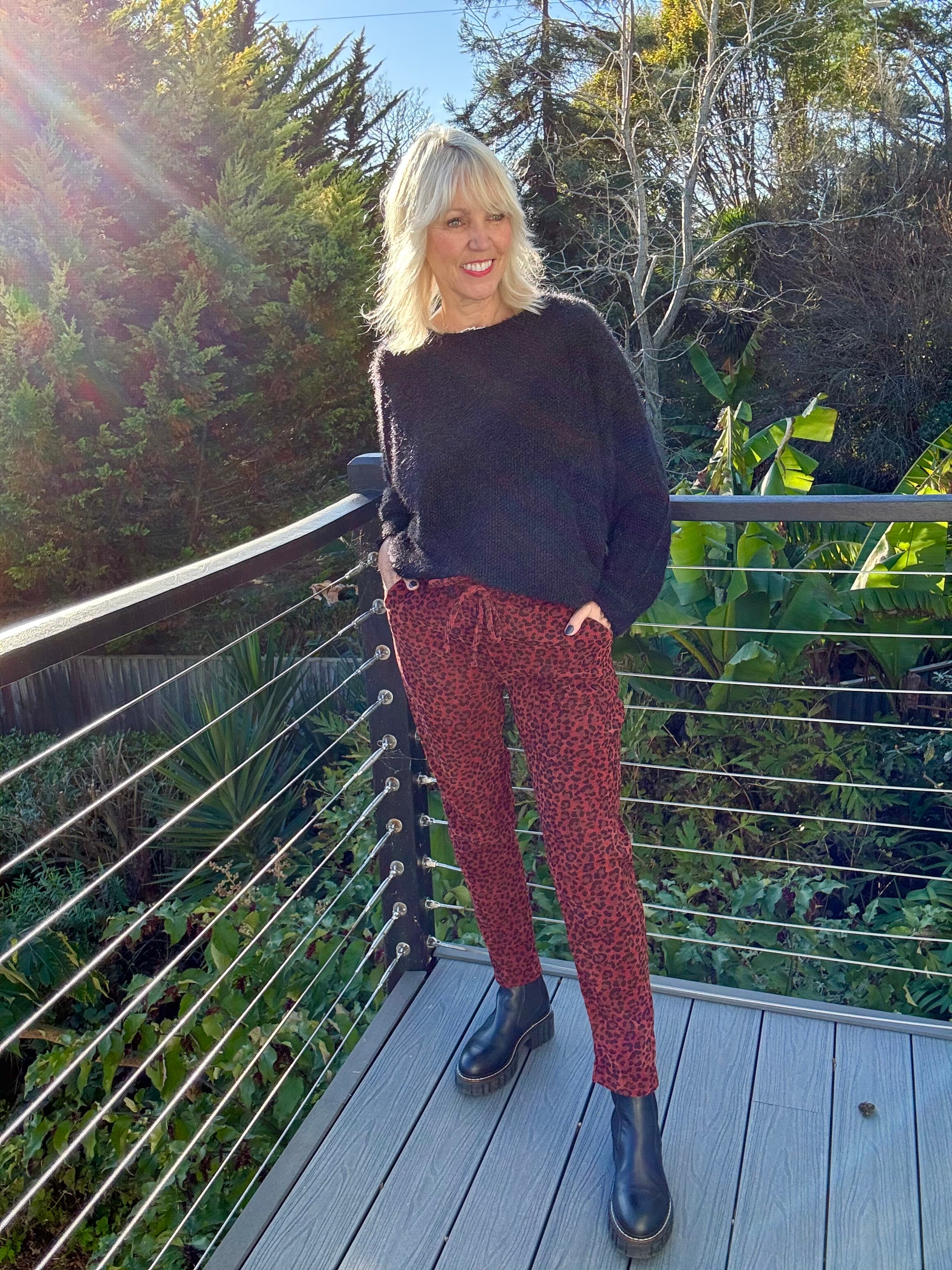 Cord Leopard Joggers in Burnt Orange