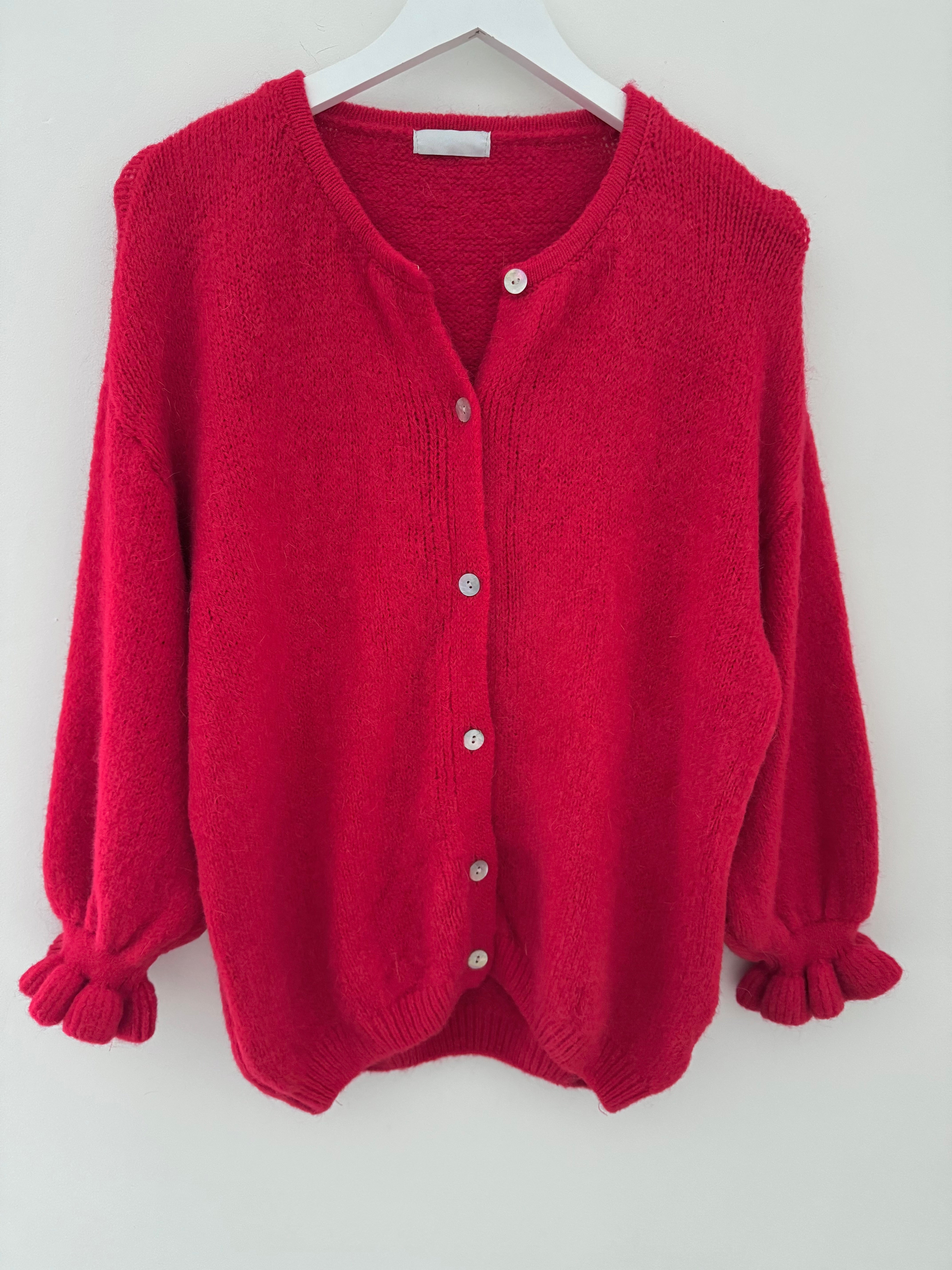 Alpaca Cardi with Frill Cuffs in Red