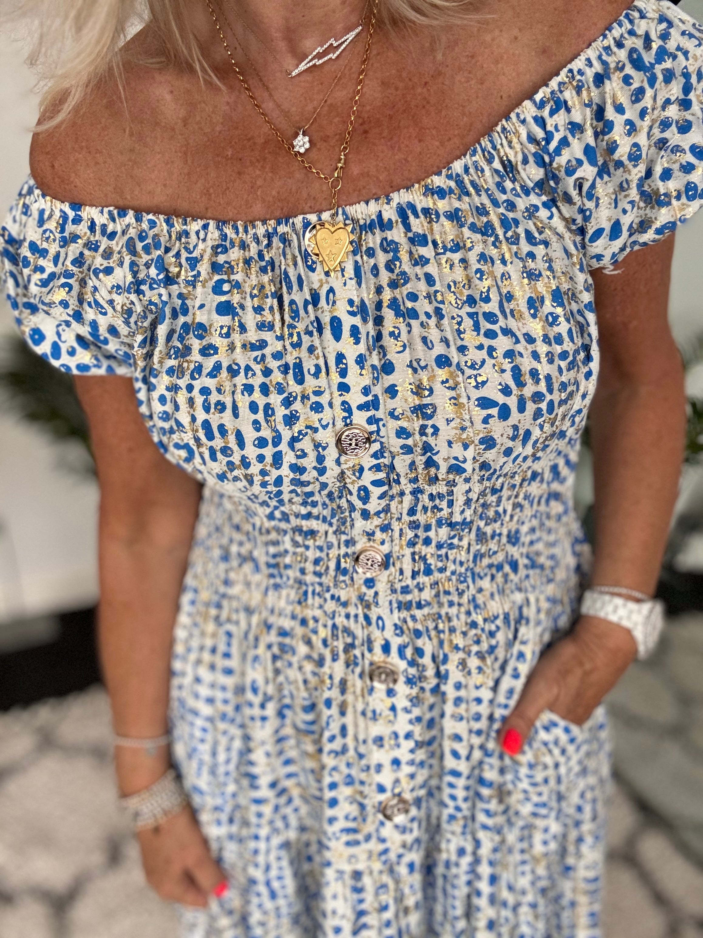 Bardot Dress in Blue & White