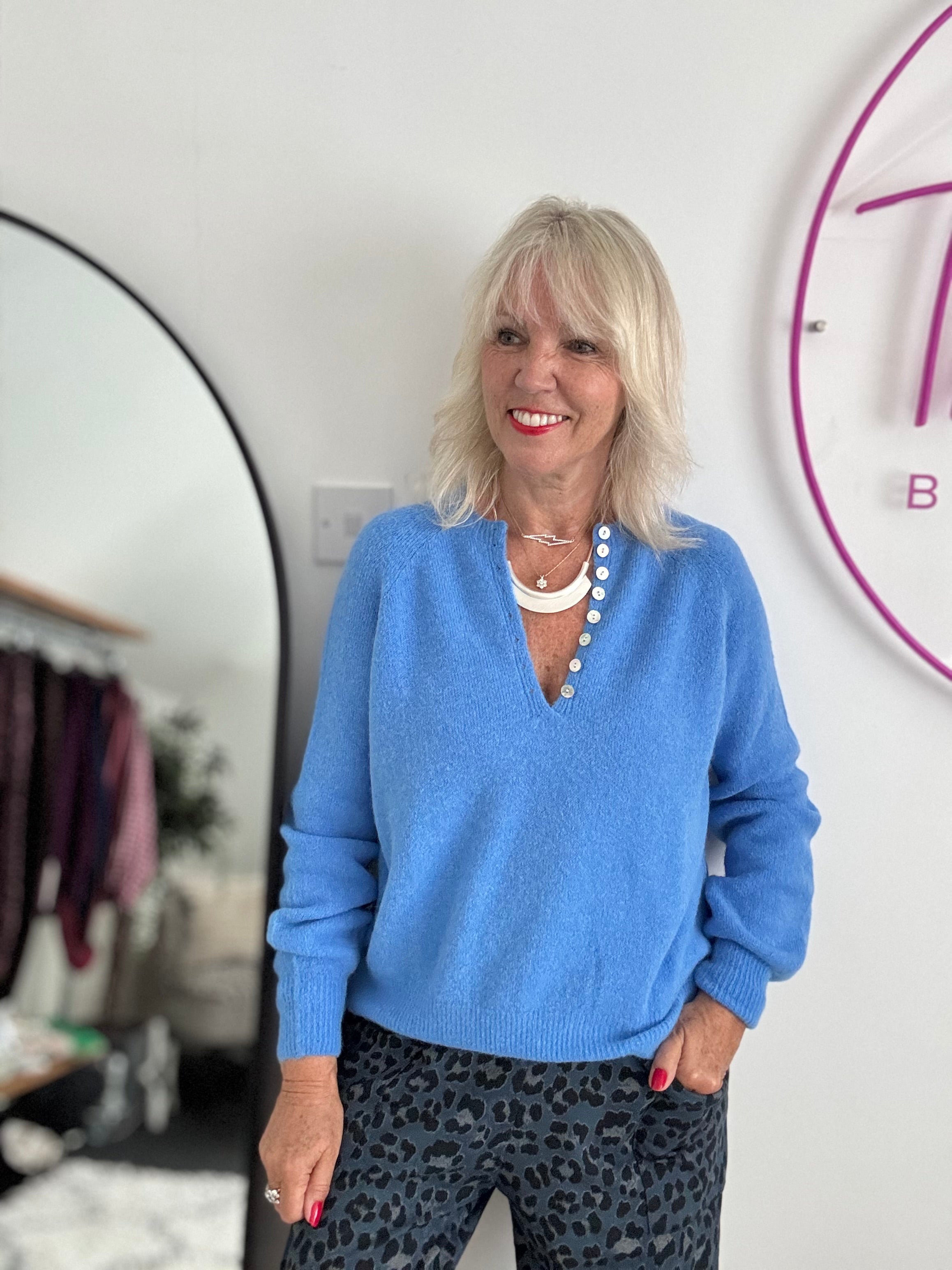 Softie Jumper with Button Neck in Cornflower