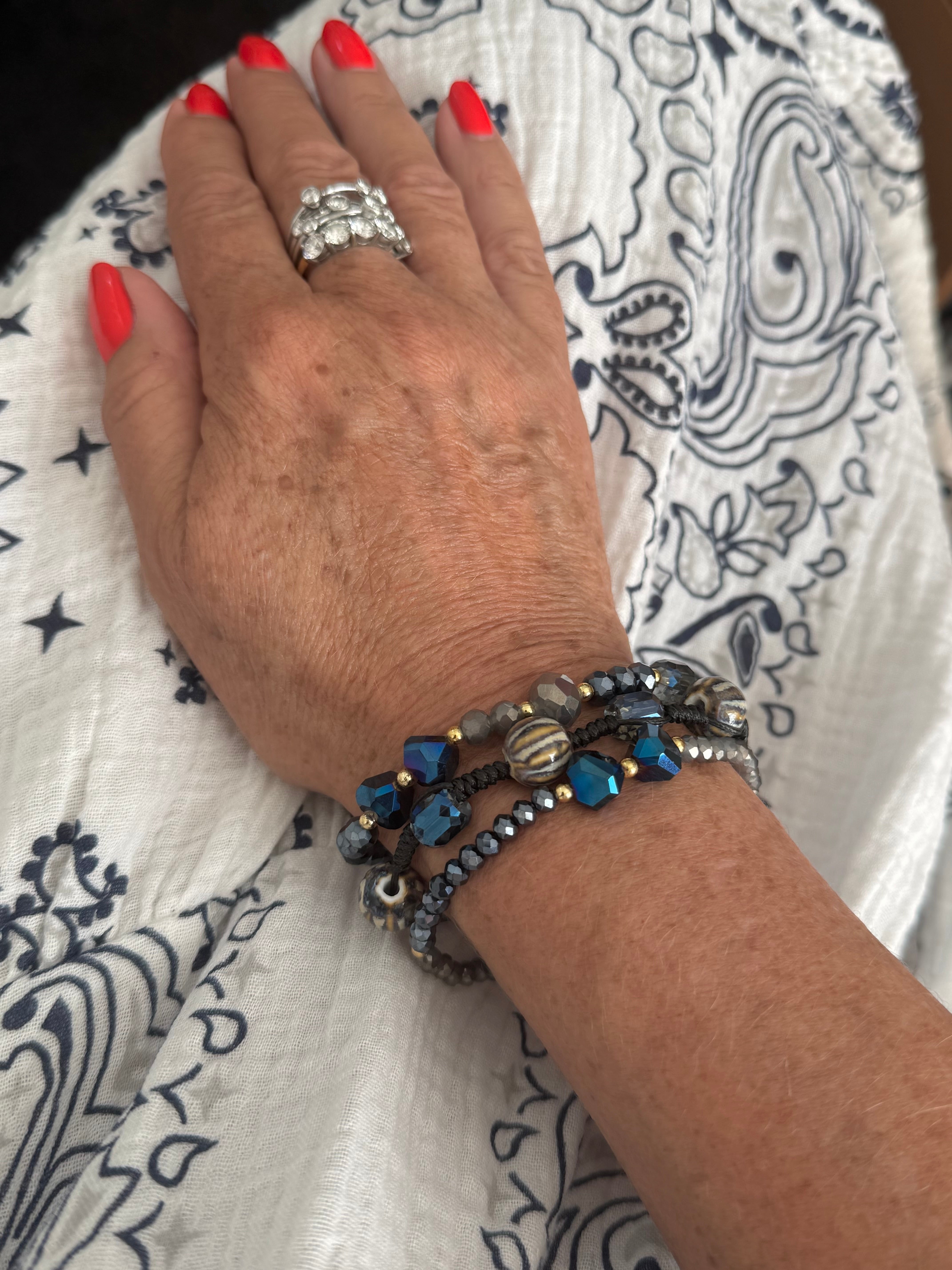 Triple Bracelet Stack in Kingfisher Blue & Smokey Grey