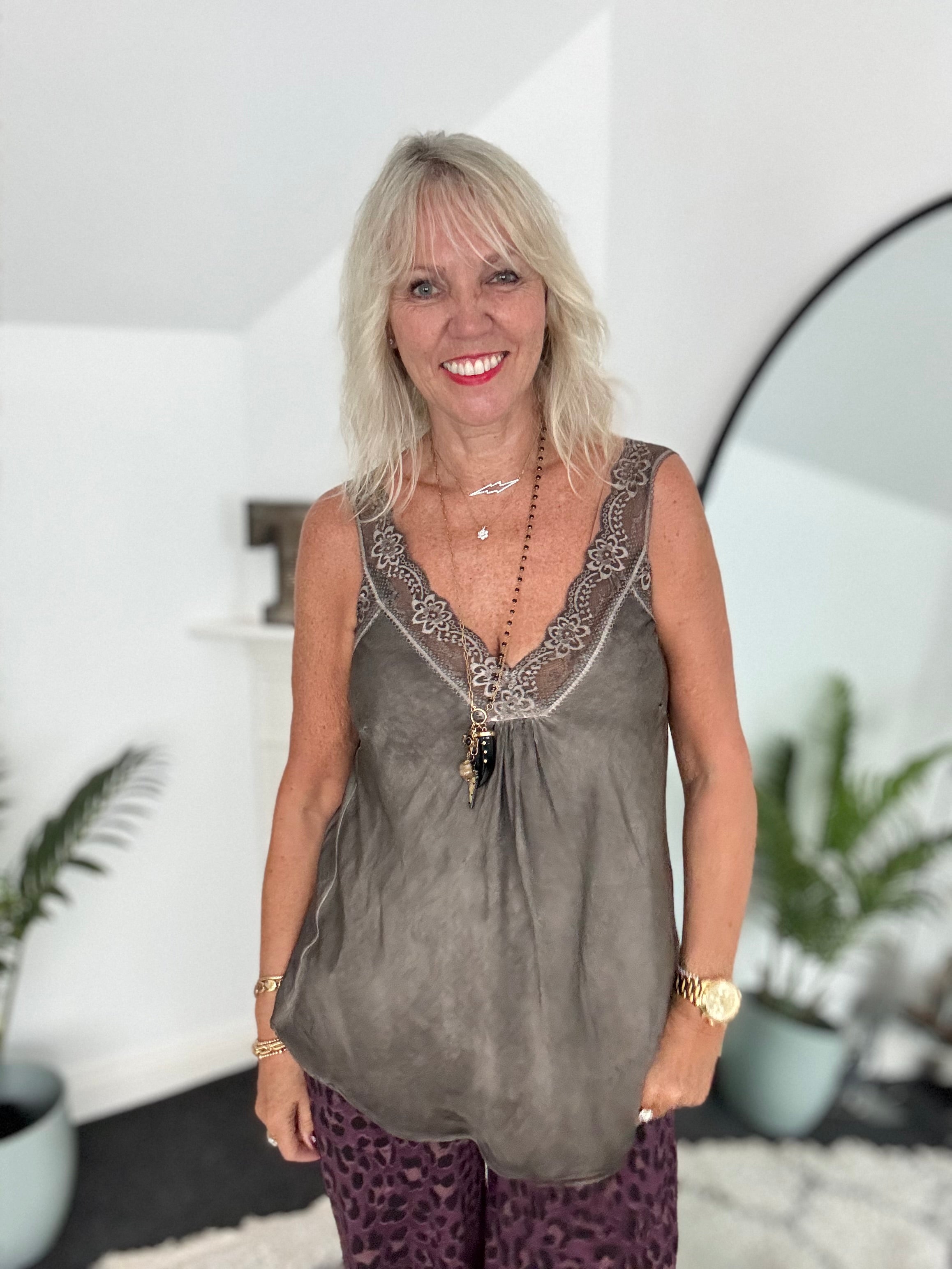 Lace Trim Silk Cami in Chocolate
