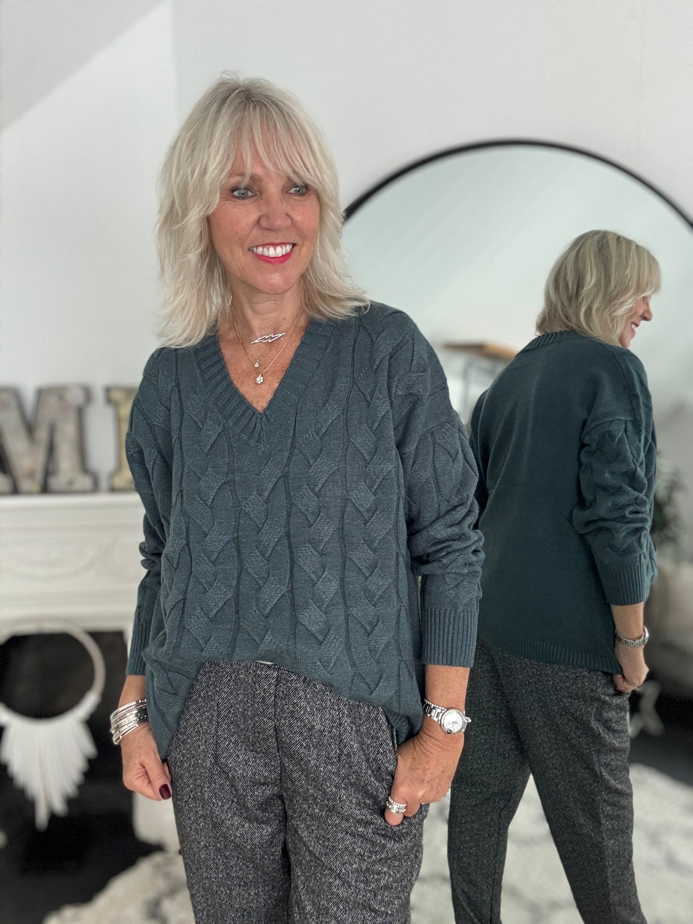 V Neck Cable Jumper in Sea Green