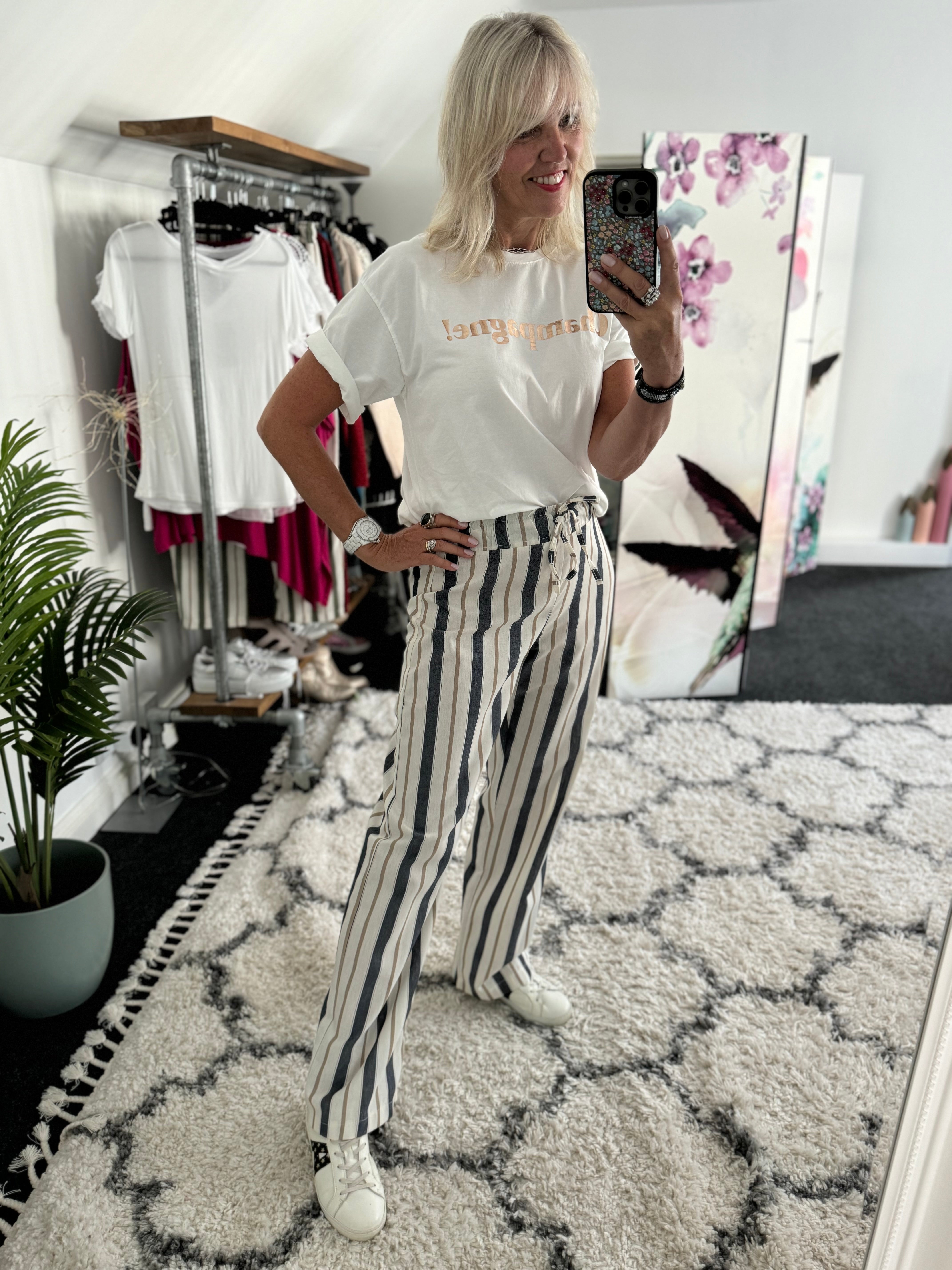 Wide Leg Stripe Trousers in Blue