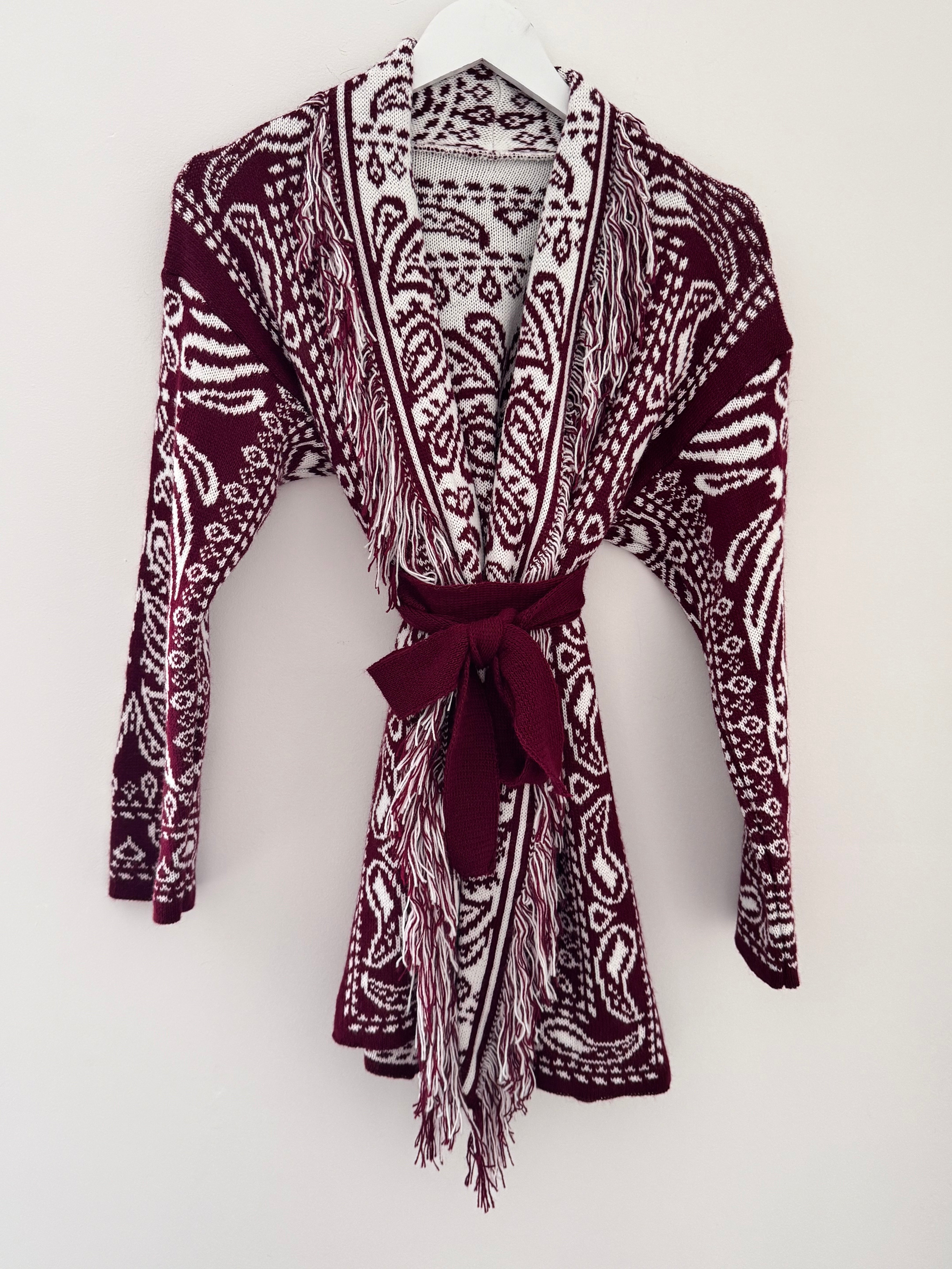 Fringed Paisley Cardigan in Wine