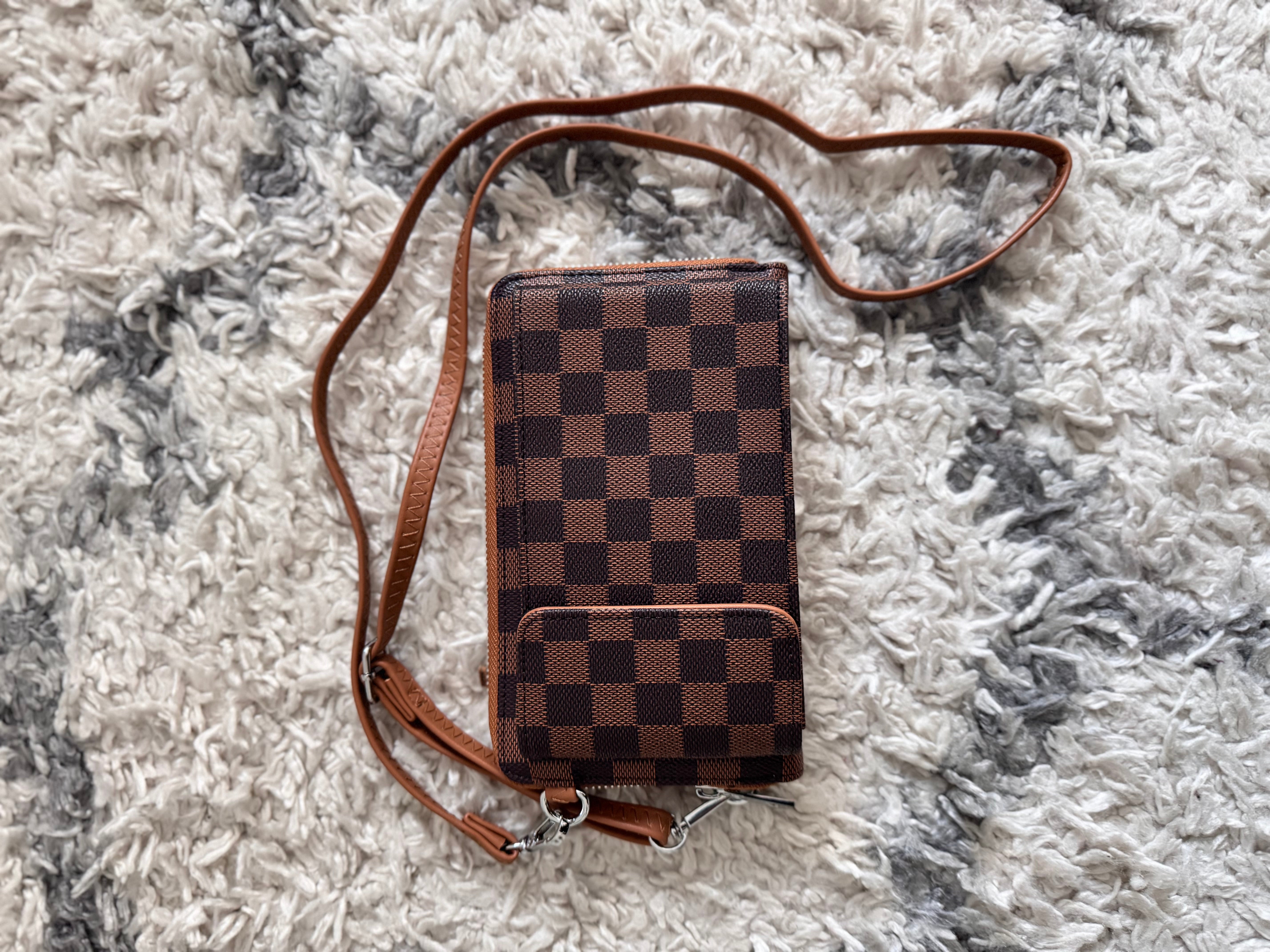 Check Phone Bag/Wallet in Chocolate & Tan