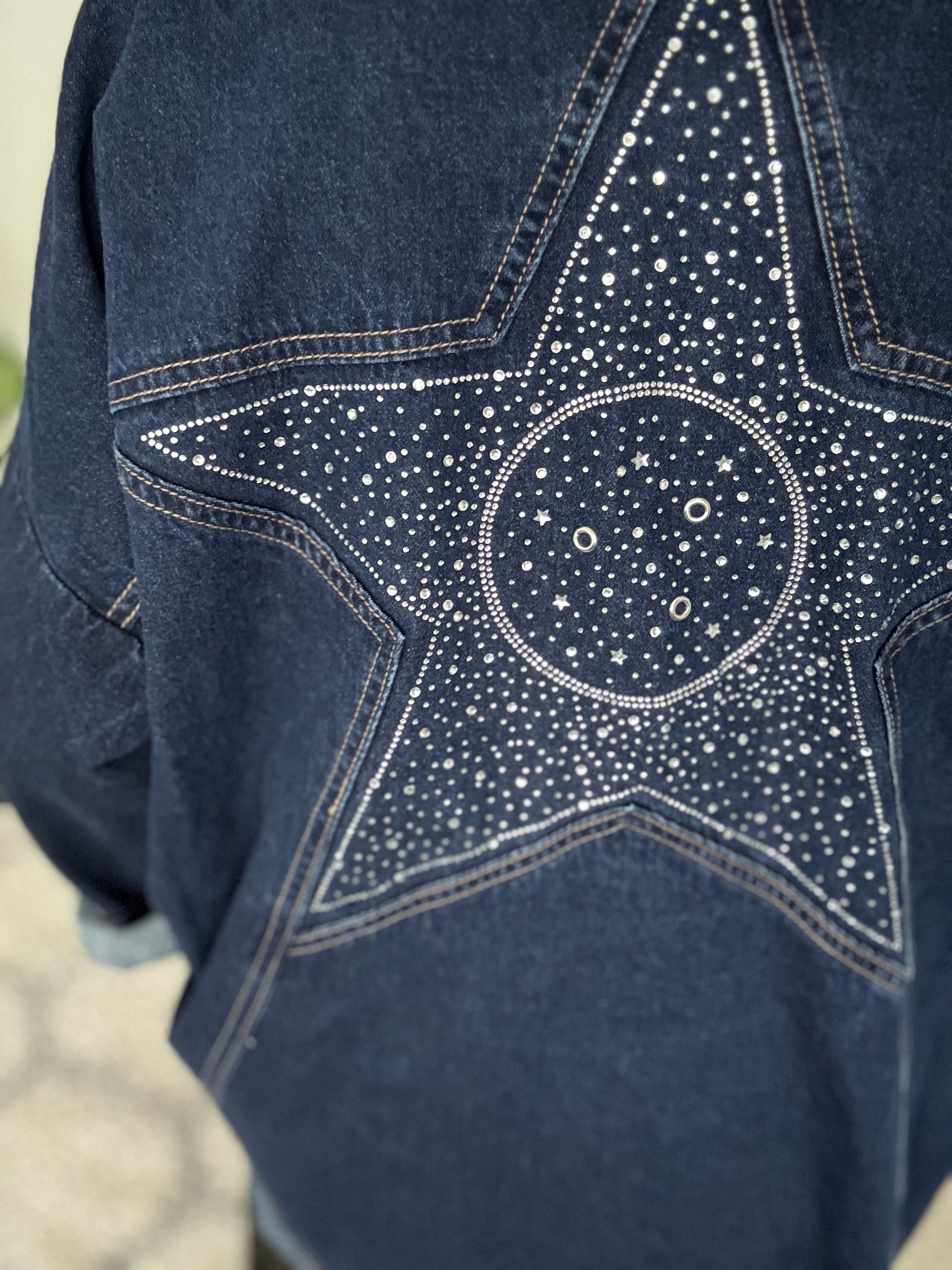 Boyfriend Shacket with Sparkly Star in Blue Denim