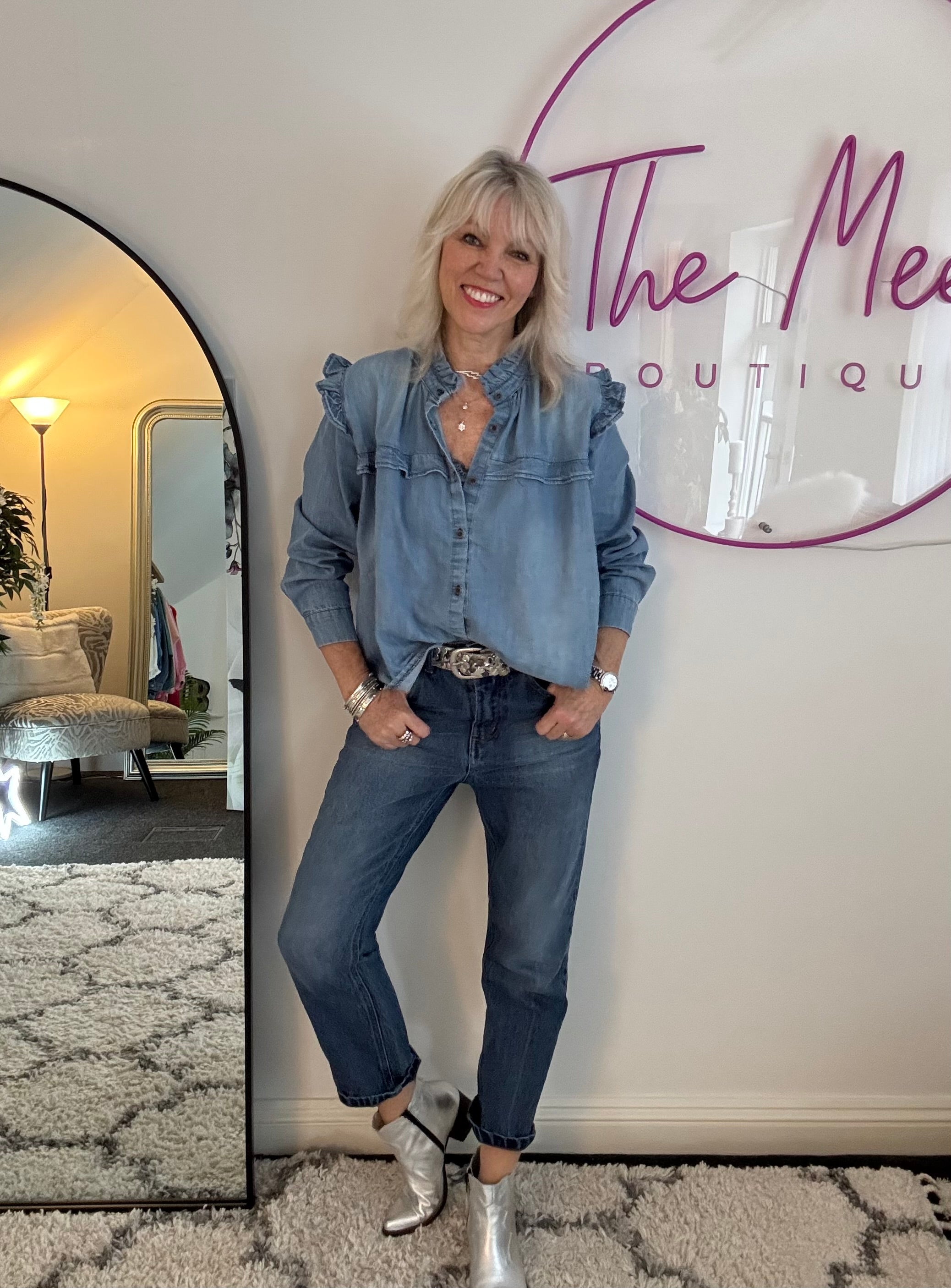 Luxe Ruffle Blouse in Mid Denim