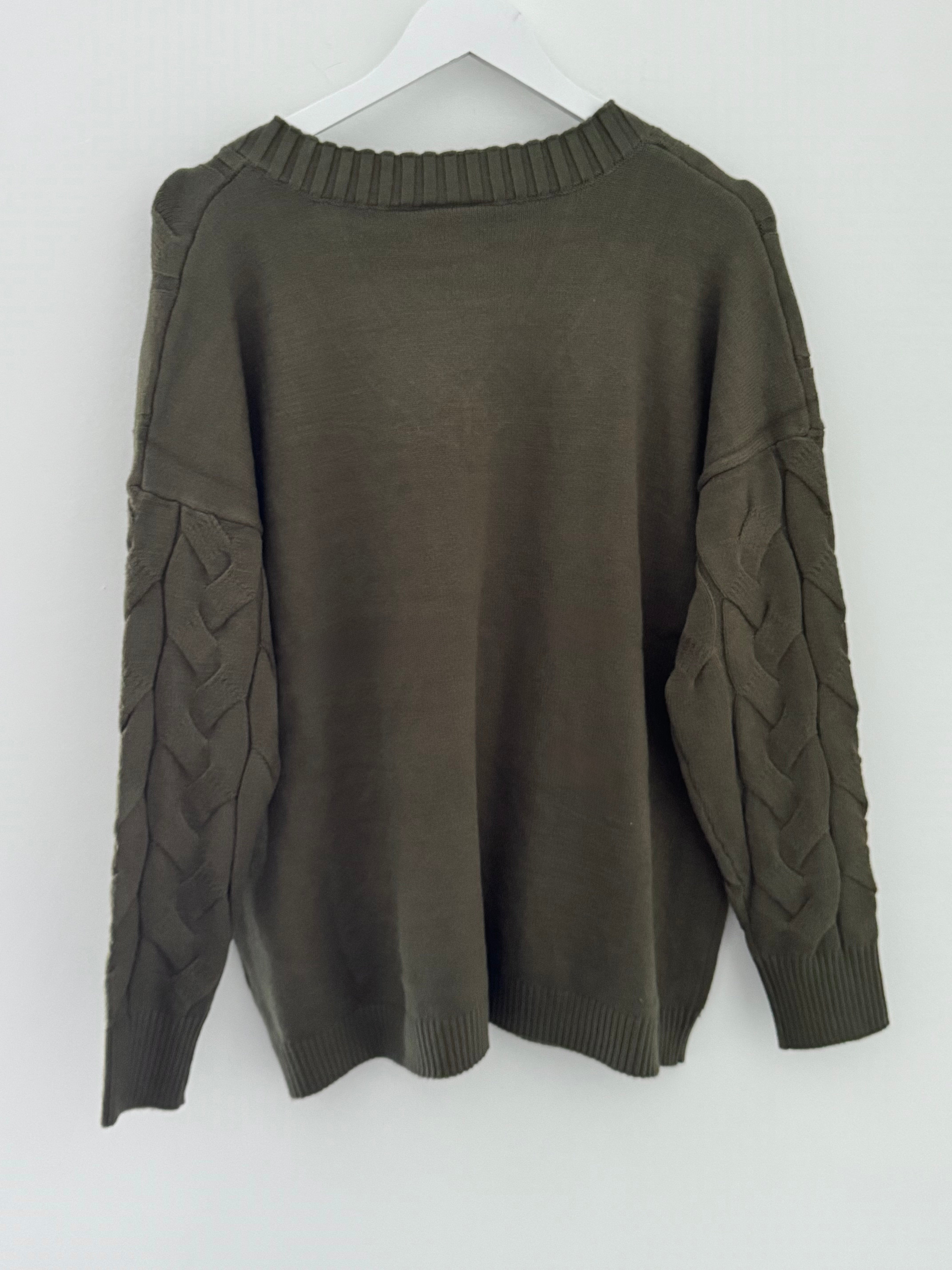 V Neck Cable Jumper in Khaki