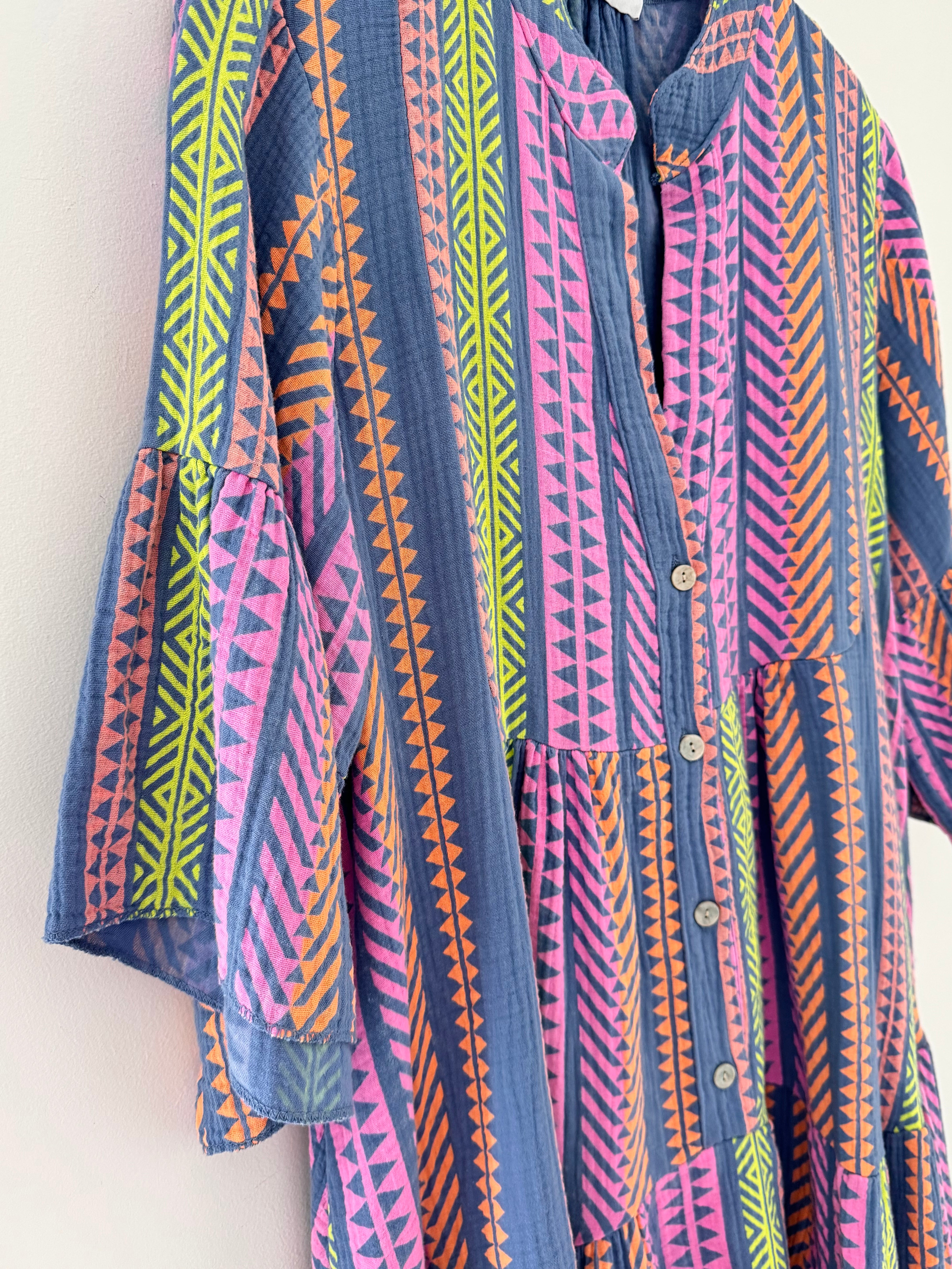 Cheesecloth Dress in Blue & Lilac Aztec