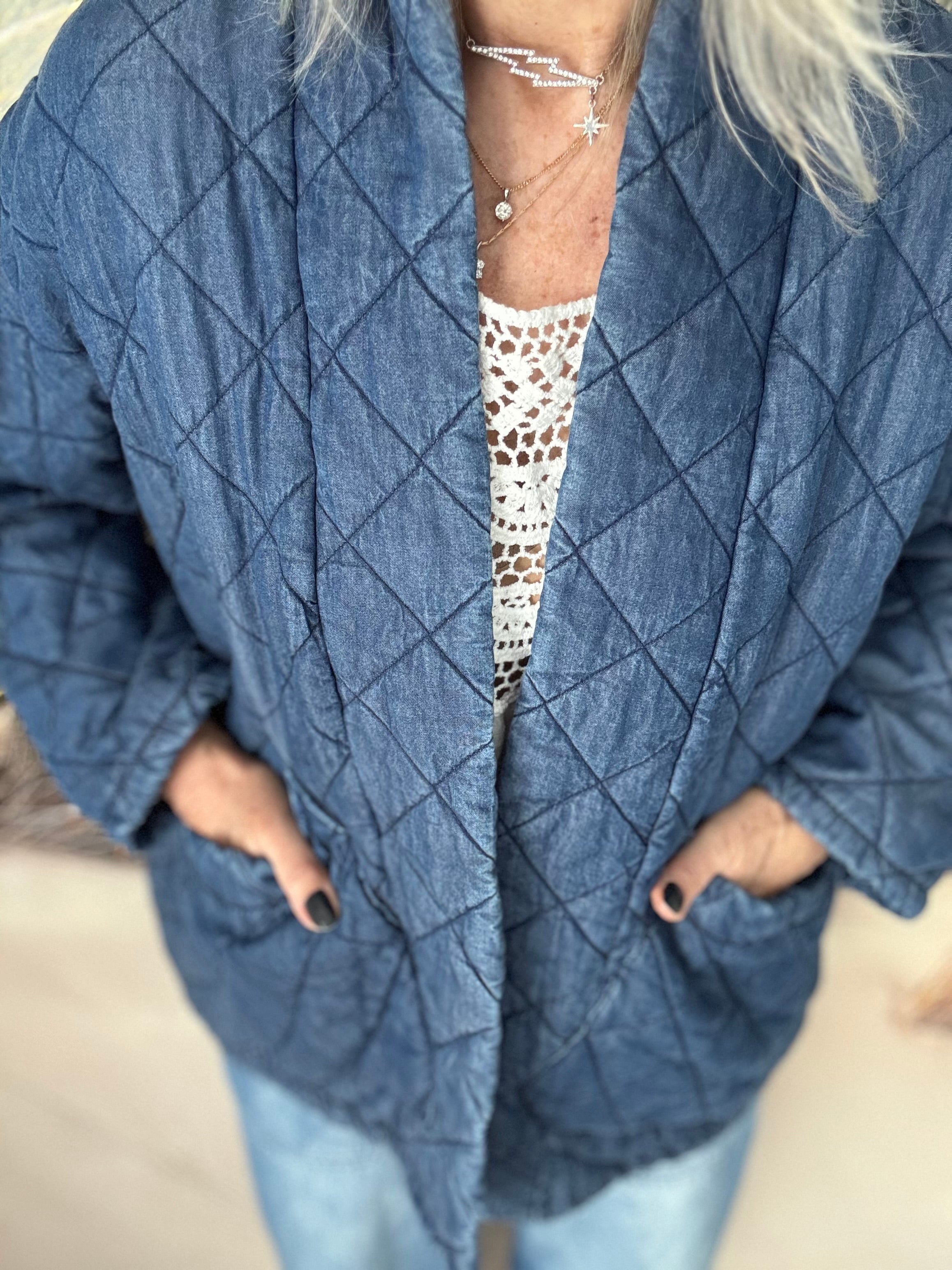 Oversized Quilted Jacket in Dark Denim Blue