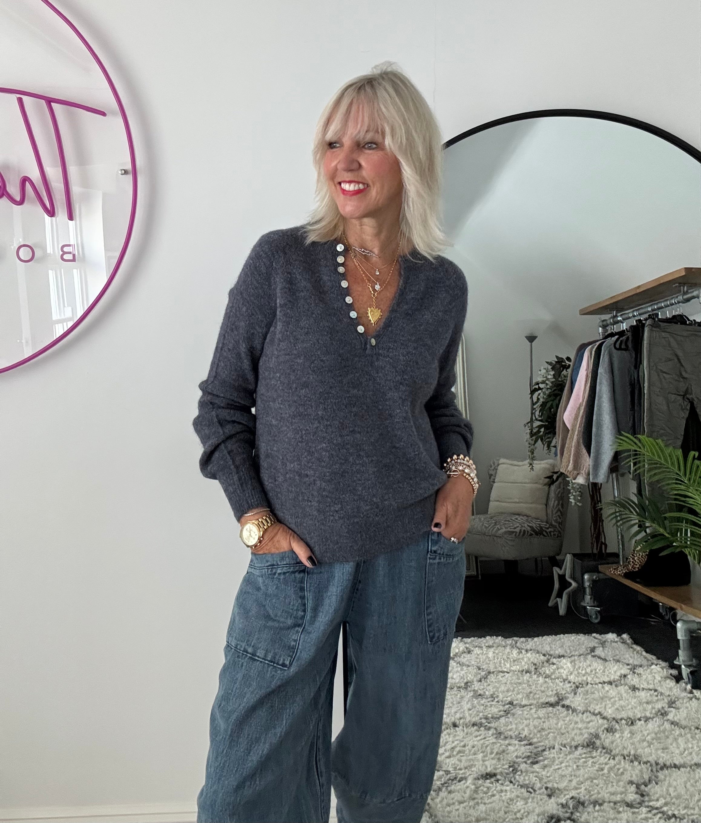 Softie Jumper with Button Neck in Charcoal