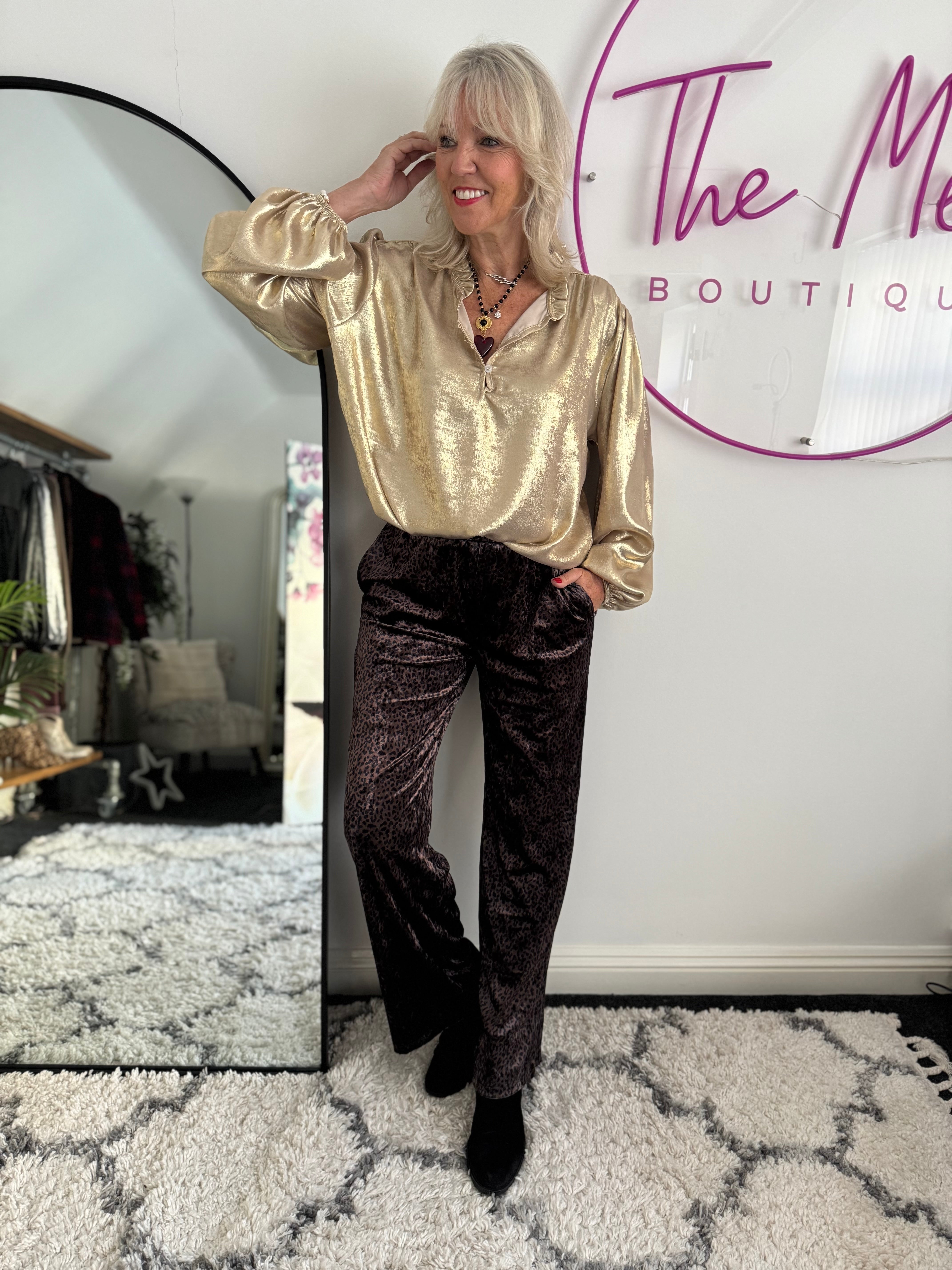 Velvet Stretch Trousers in Chocolate Leopard