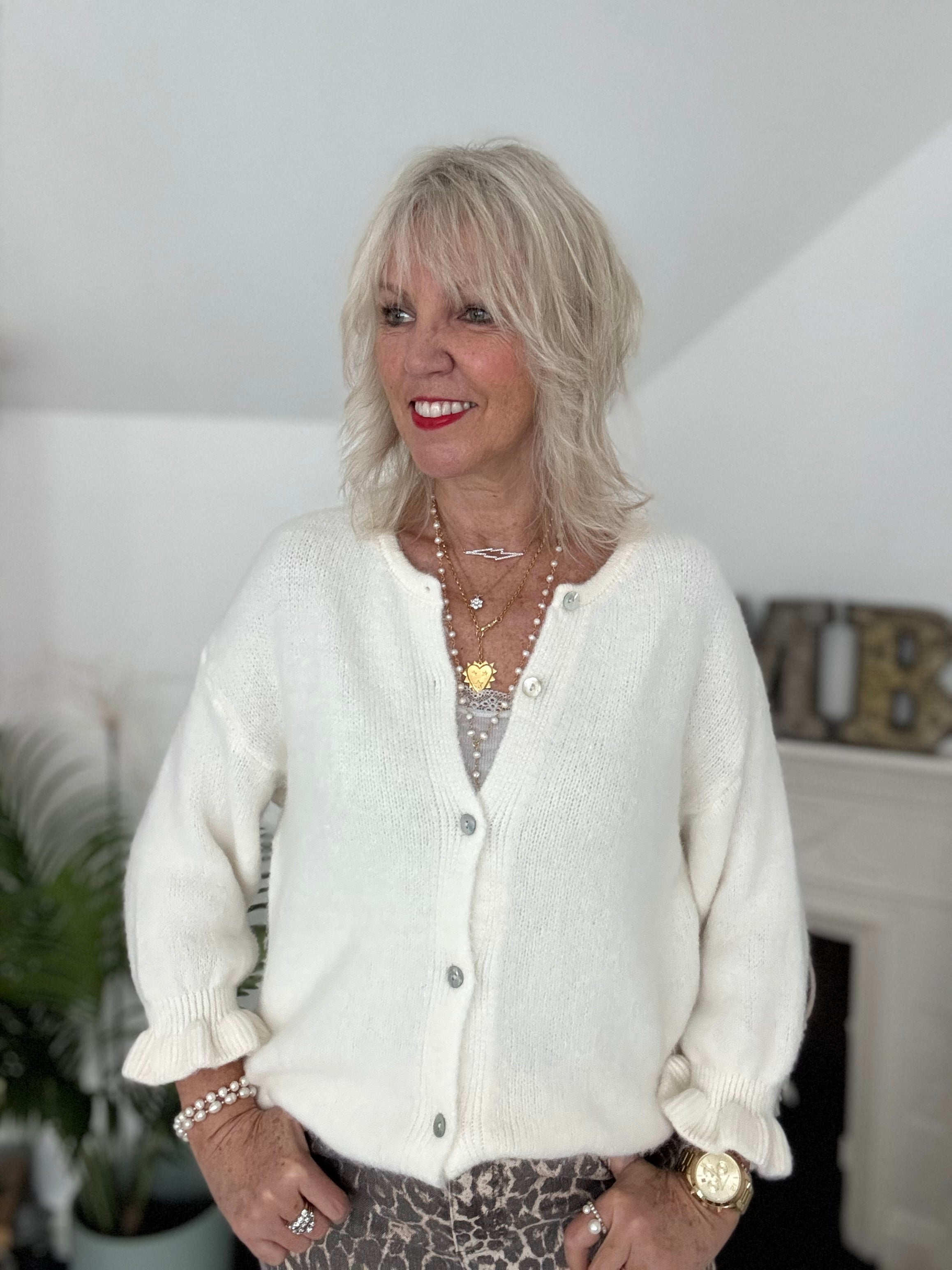 Alpaca Cardi with Frill Cuffs in Winter White