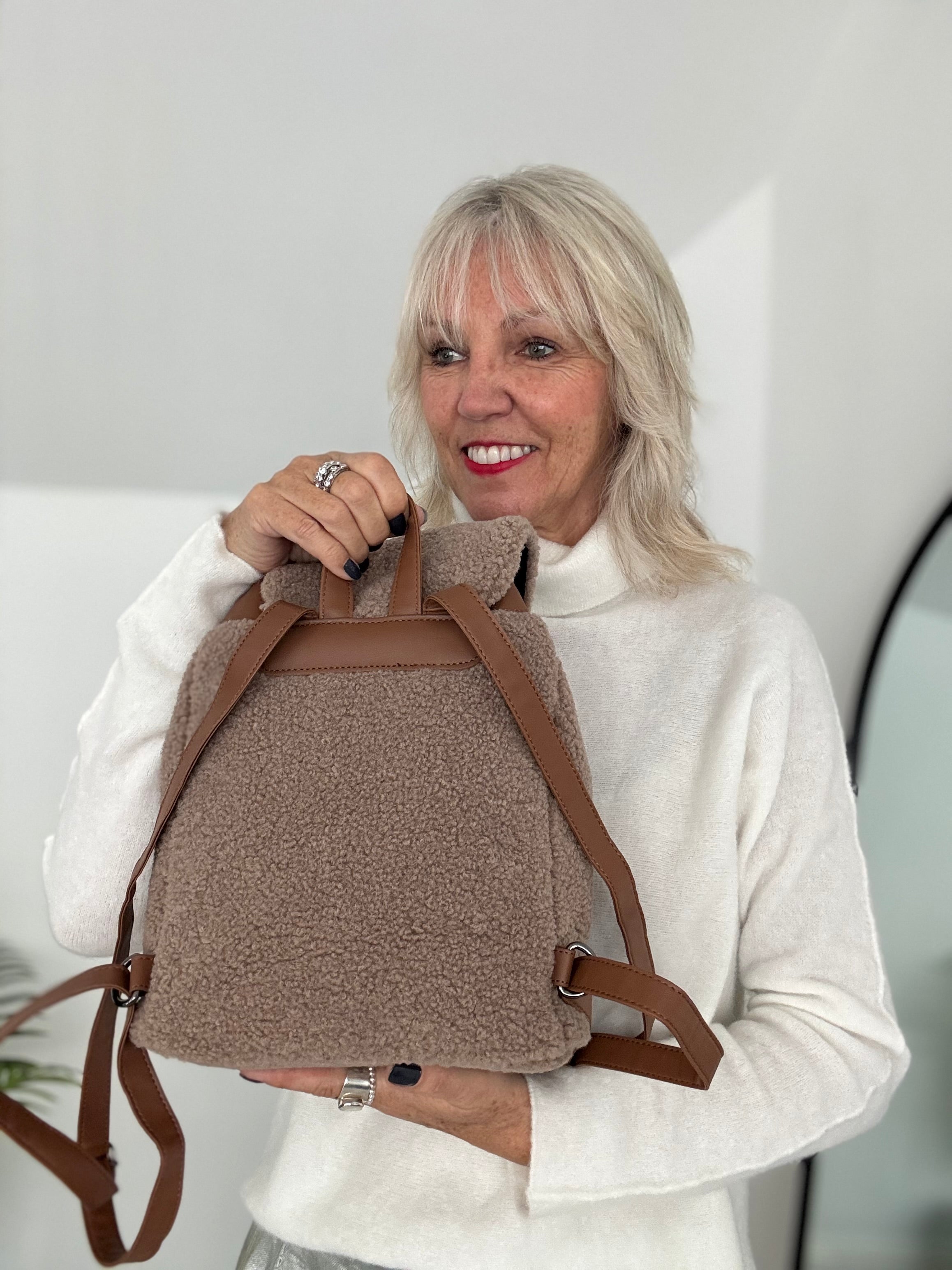 Borg & Vegan Leather Backpack Bag in Mocha