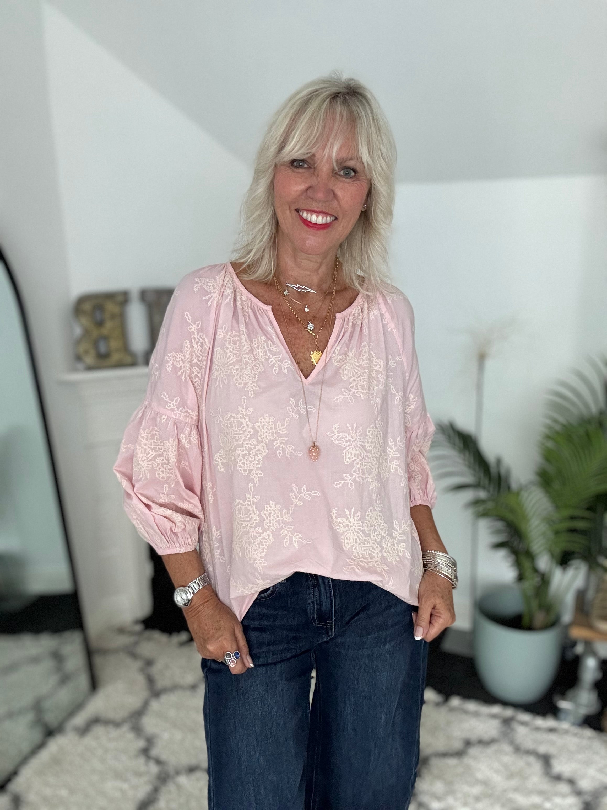 Luxe Embroidered Blouse in Pink