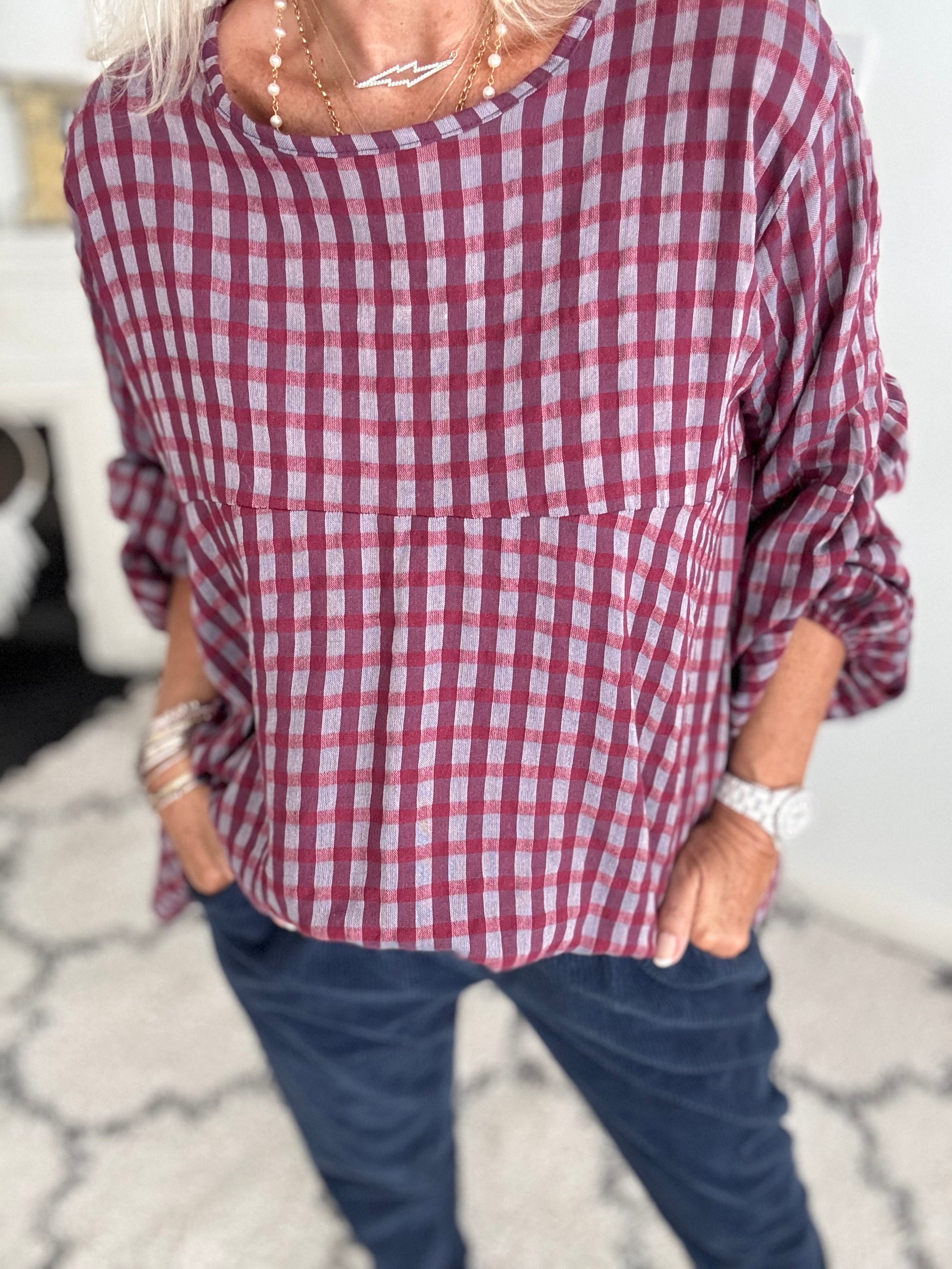 Oversized Check Top in Plum