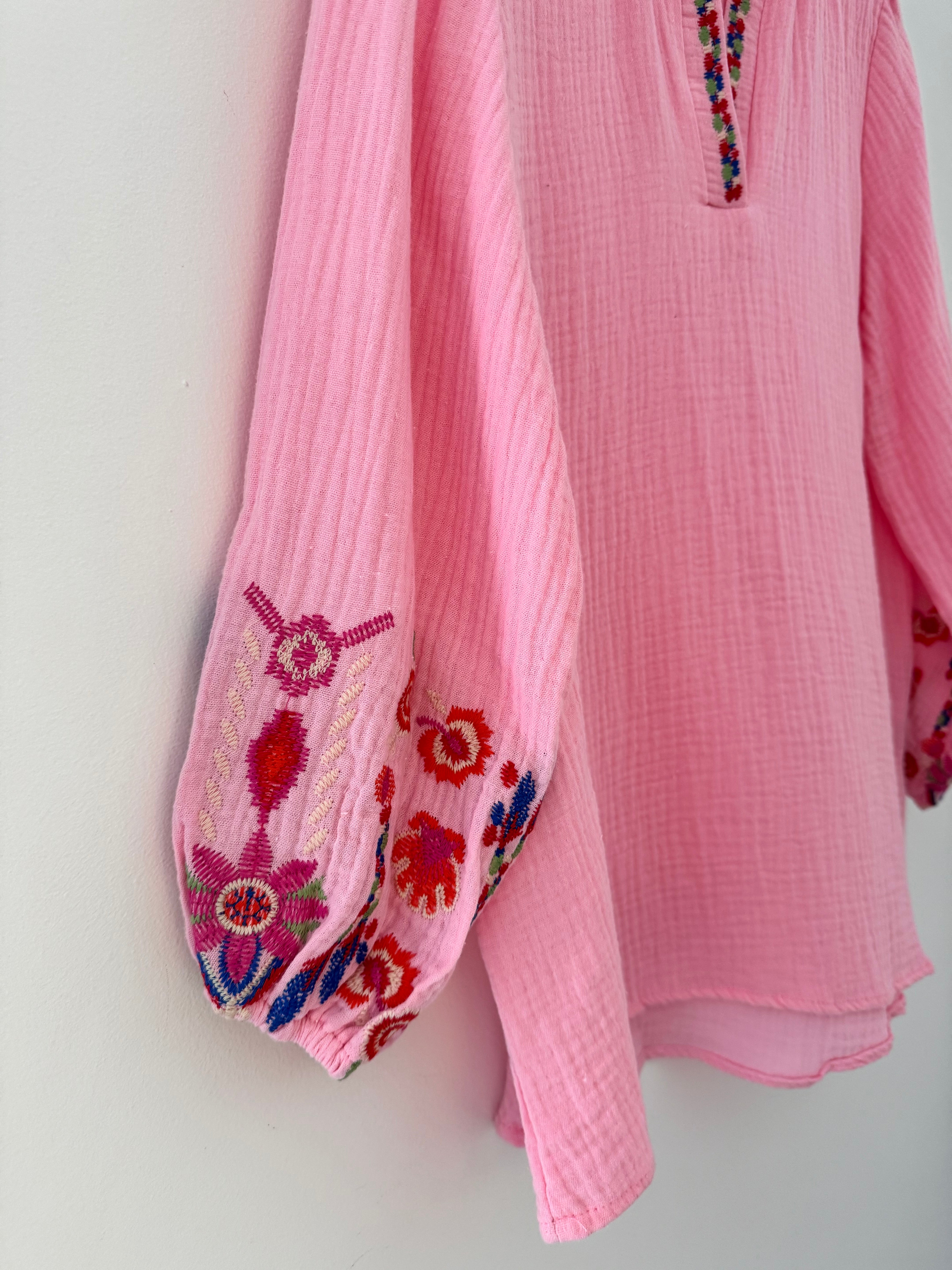 Embroidered Cheesecloth Blouse in Candy Pink