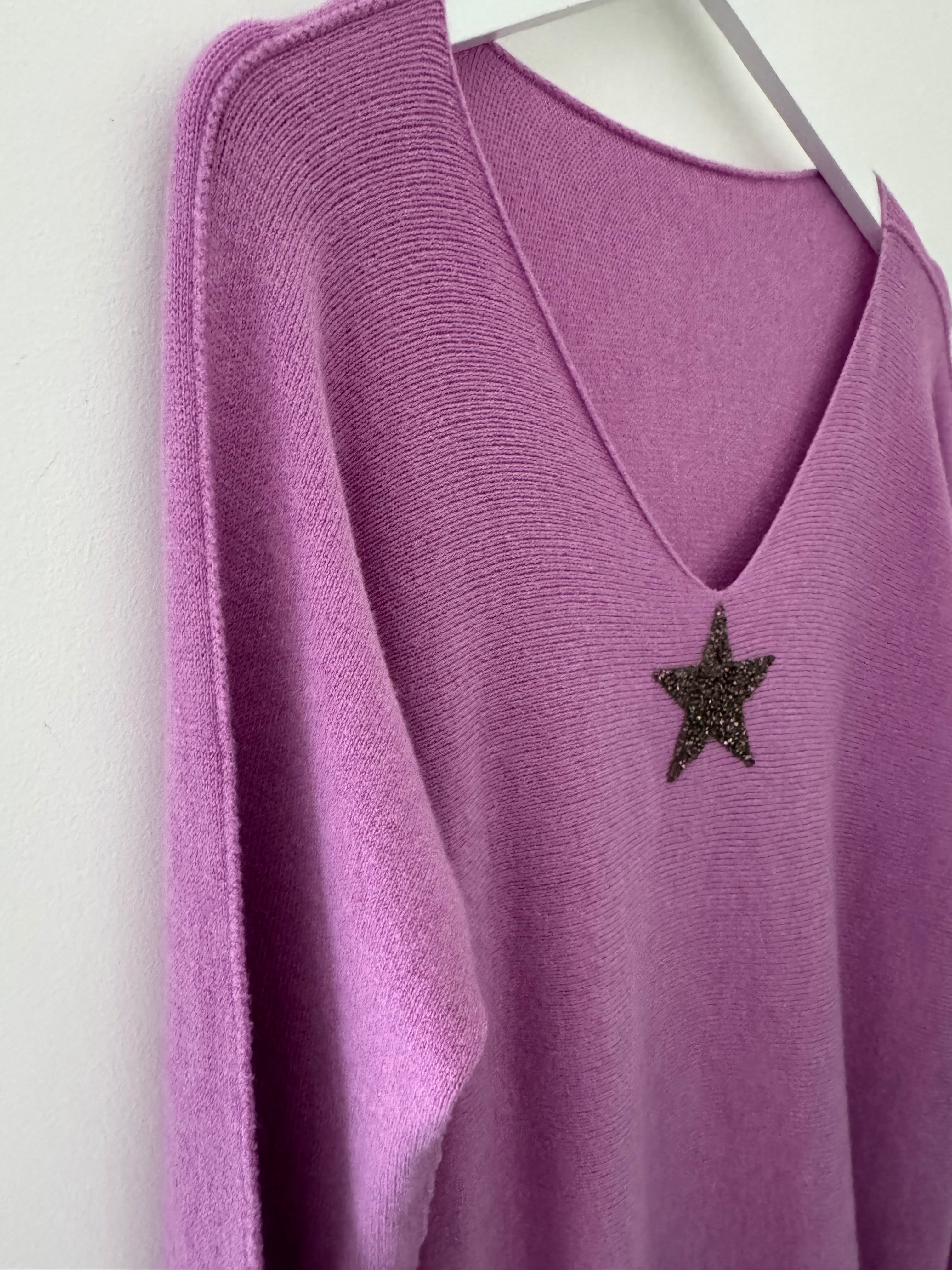 V Neck Glitter Star Jumper in Lilac