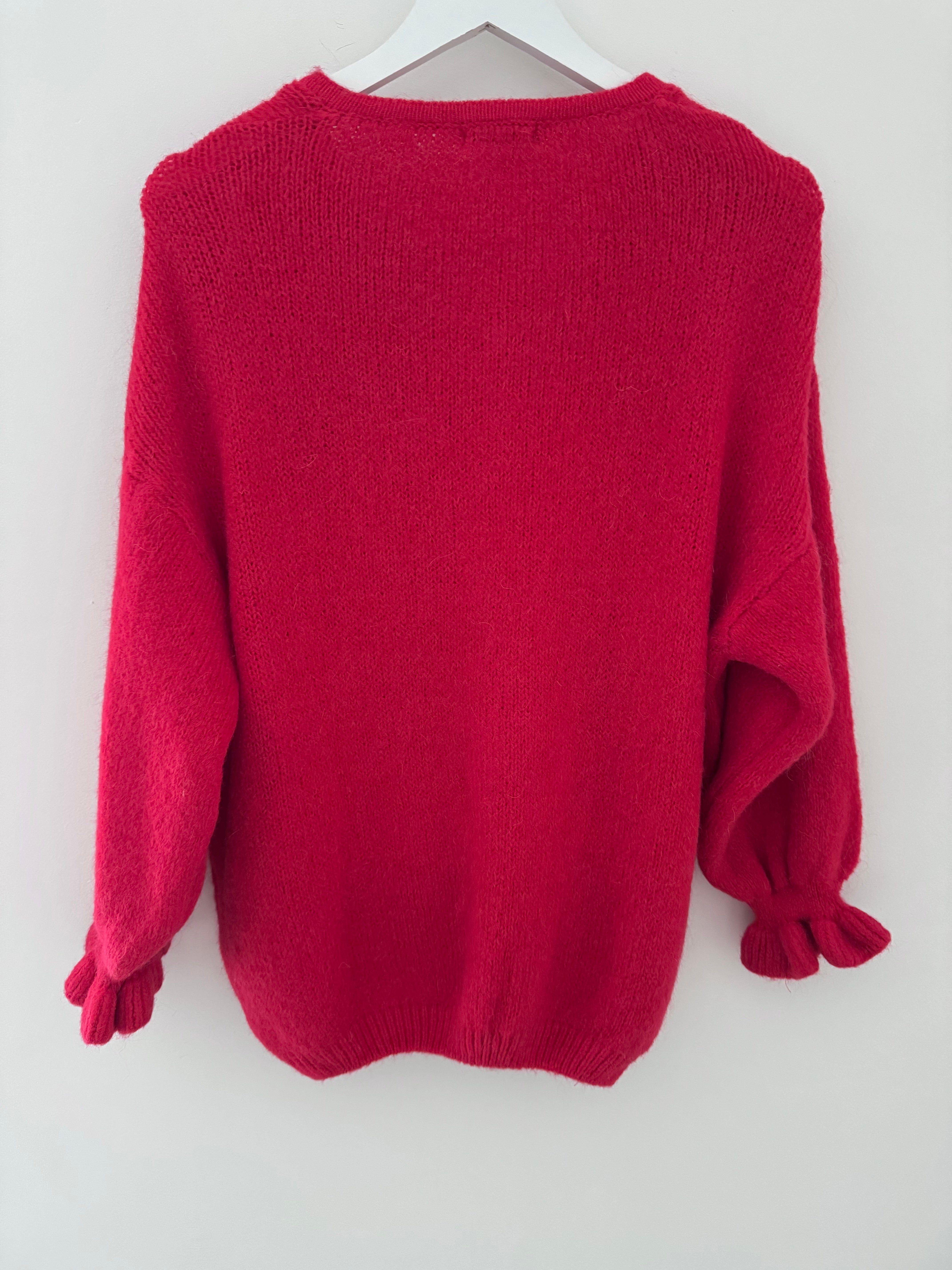 Alpaca Cardi with Frill Cuffs in Red