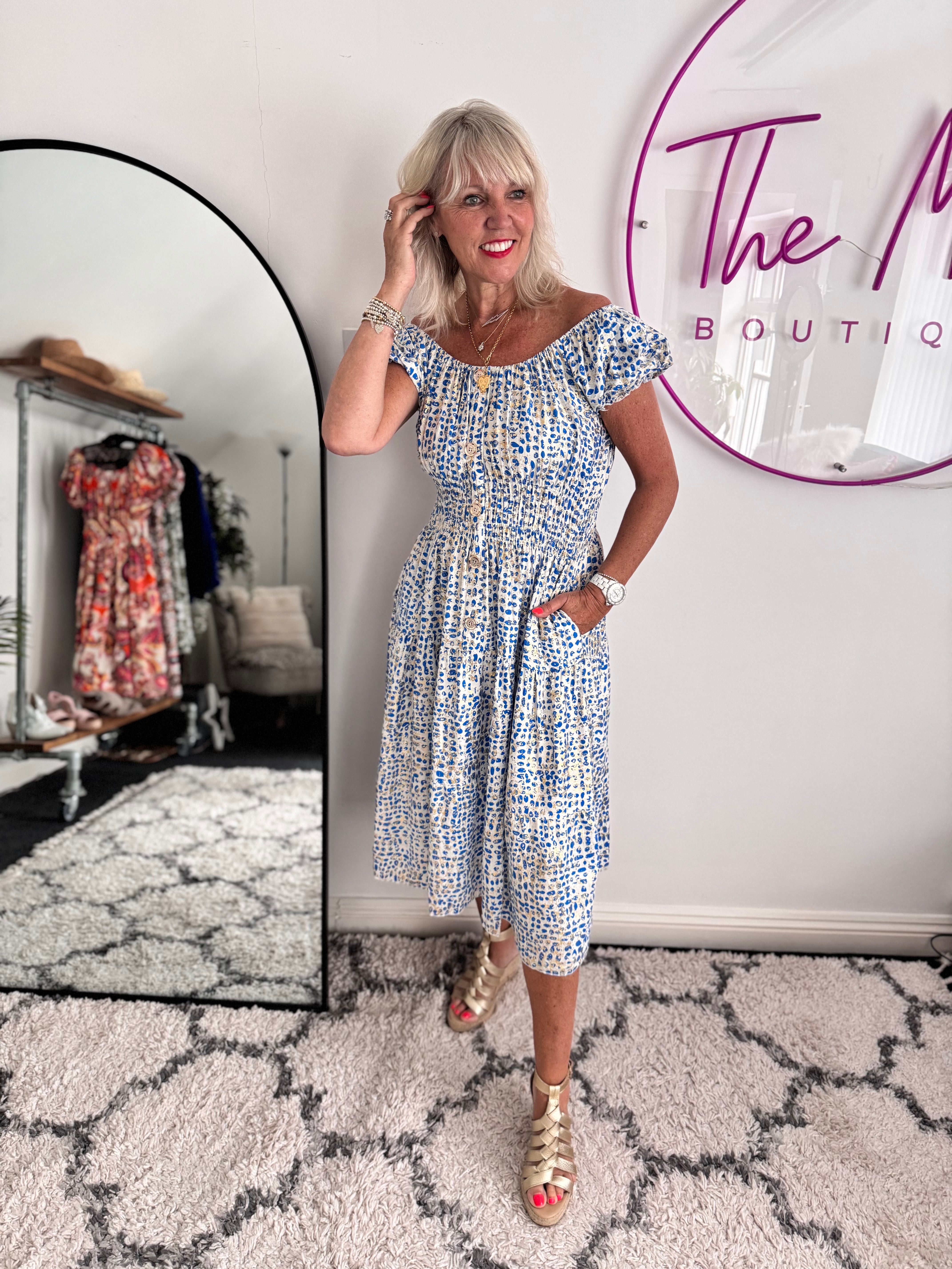 blue and white bardot dress Blue Aggie Bardot Dress