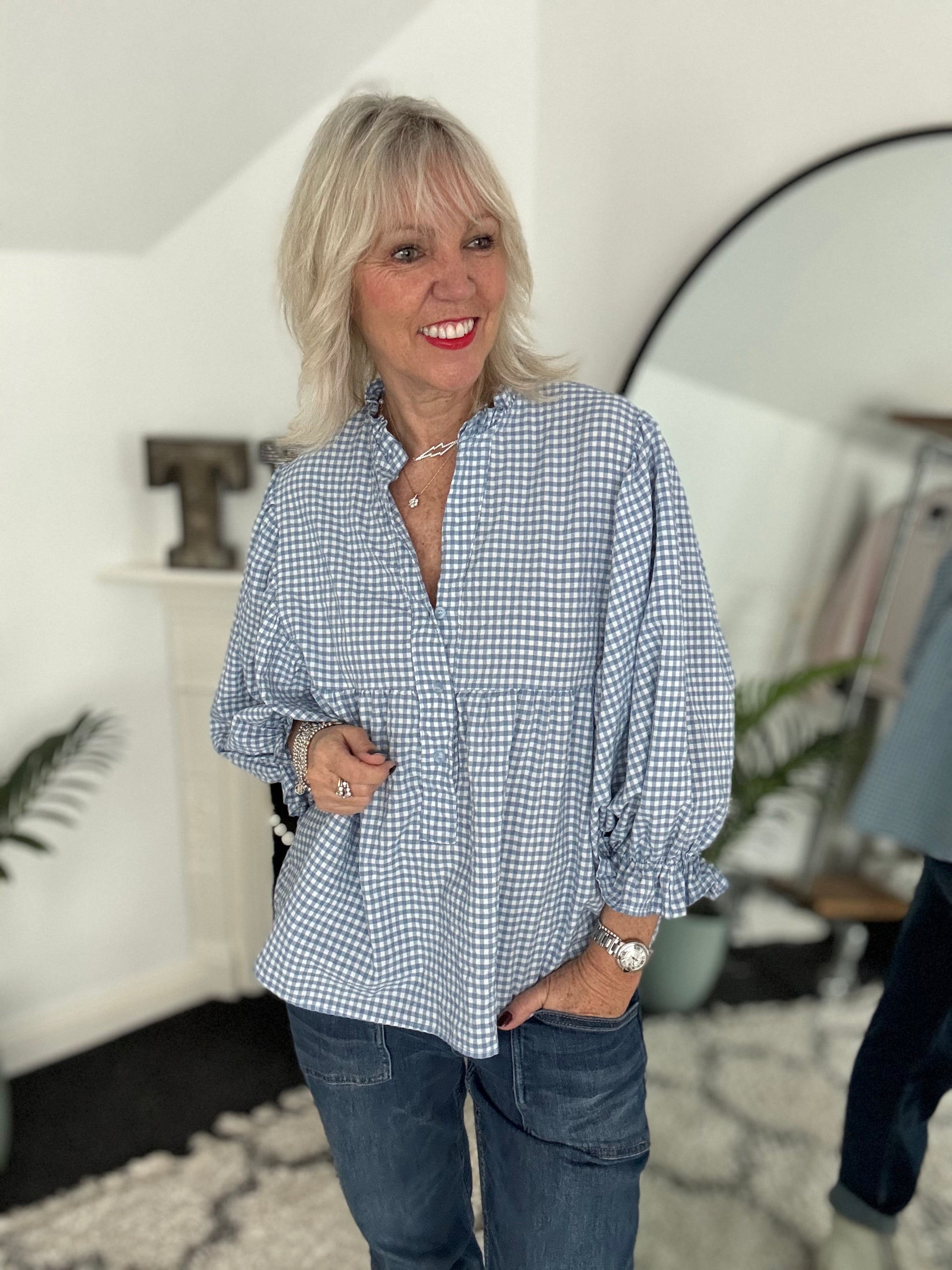 Gingham Seersucker Blouse in Blue
